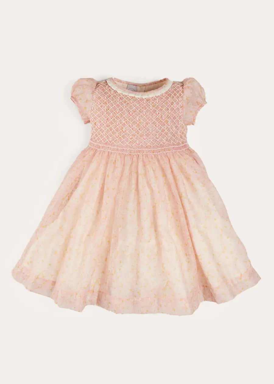 Constance Floral Hand Smocked Short Sleeve Party Dress for Girls in Pink - Sizes 12 Months to 10 Years | Perfect for Birthday Parties, Easter, Christmas & Special Occasions