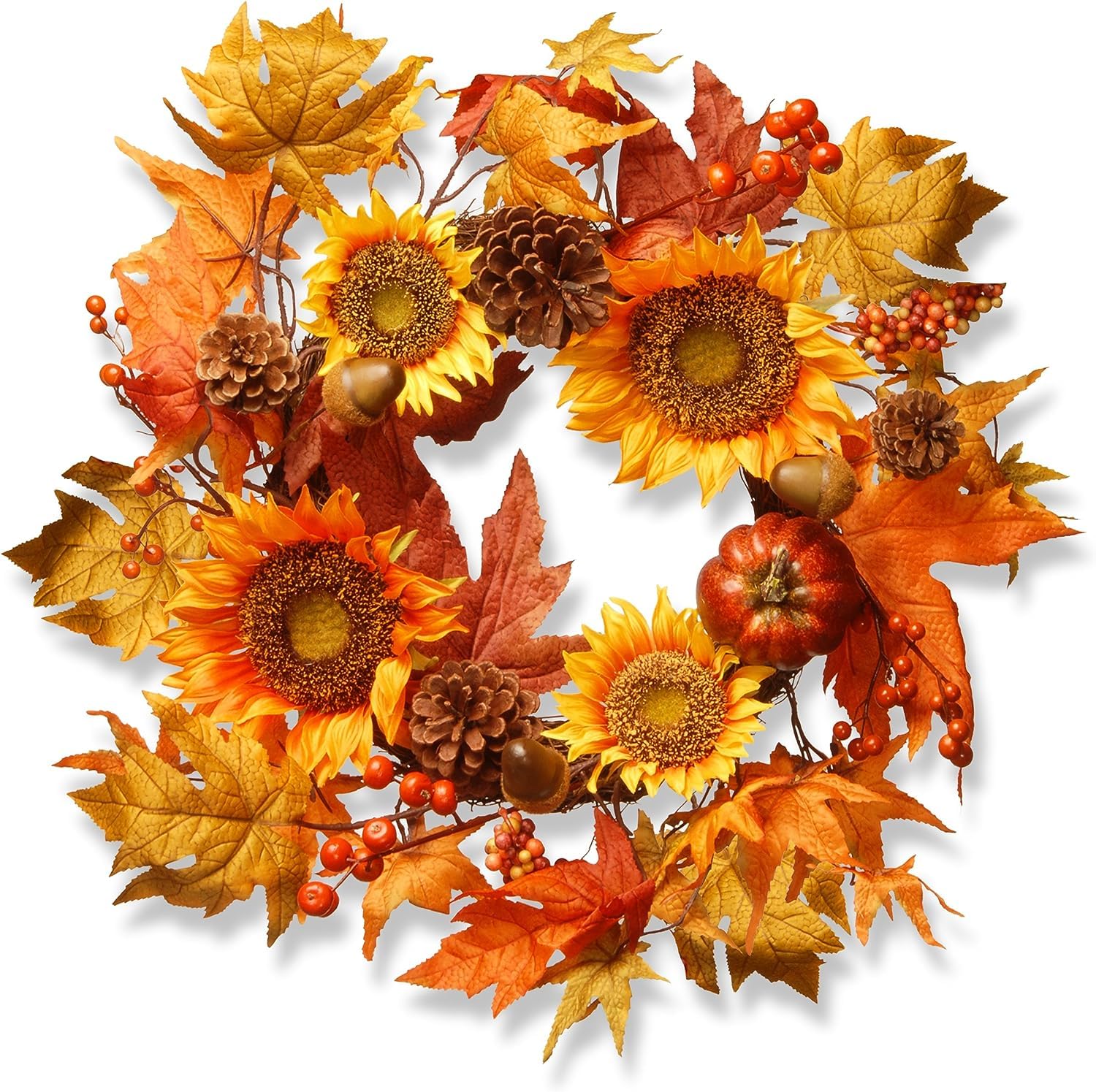 National Tree Company 22 Inch Artificial Autumn Wreath with Sunflowers, Pinecones, Berries & Pumpkins - Fall Home Decor for Front Door, Fireplace & Thanksgiving