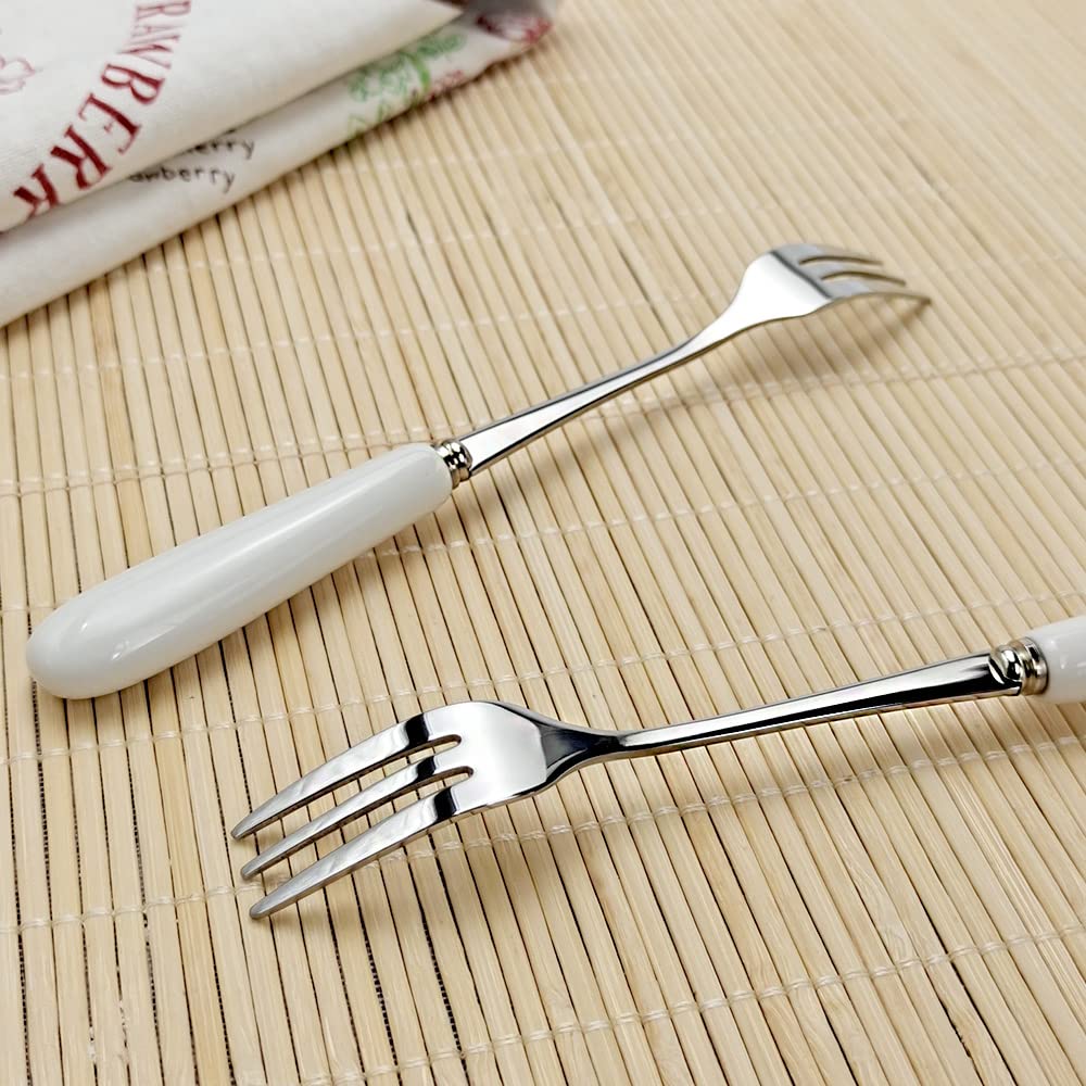 Premium 18/10 Stainless Steel Dessert Forks with Elegant White Ceramic Handle - 6 Inch SUS304 3-Tine Fruit & Cake Forks (Set of 2) - Perfect for Afternoon Tea, Wedding Receptions, and Fine Dining