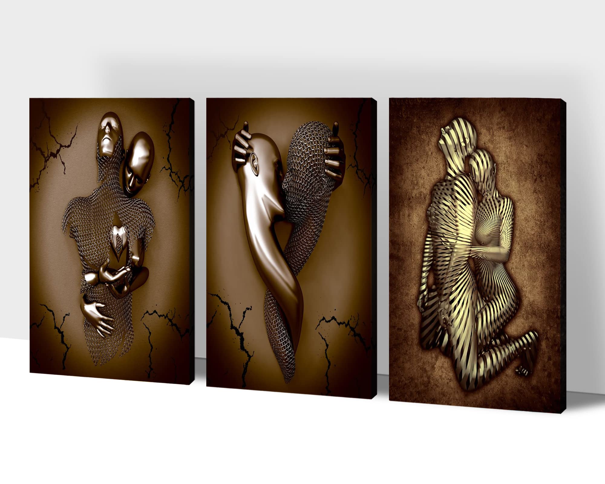 3D Metal Effect Wall Art - Love Heart Gold 3D Canvas Wall Decor for Living Room & Bedroom - Vintage Romantic Couples Hug Kiss Painting - Perfect for Valentine's Day Gifts & Home Decoration - 20