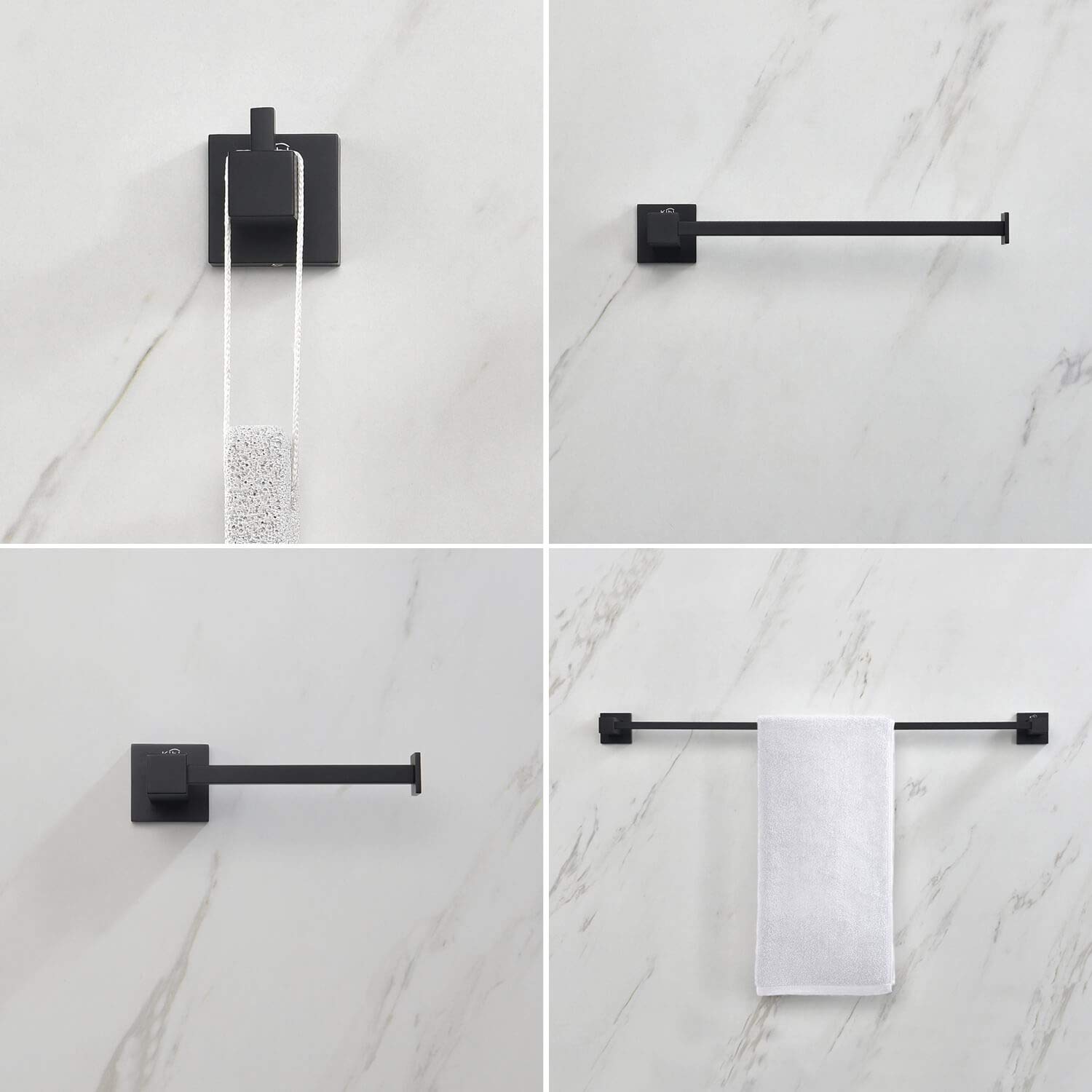 KIBI Cube 4-Piece Bathroom Hardware Set - Solid Brass Towel Bar, Towel Ring, Toilet Paper Holder & Robe Hooks | Matte Black Finish | Durable Bath Accessories for Modern Home & Luxury Hotel Style (C-KBA15-4) | Perfect for Bathroom, Spa & Guest Room Decor