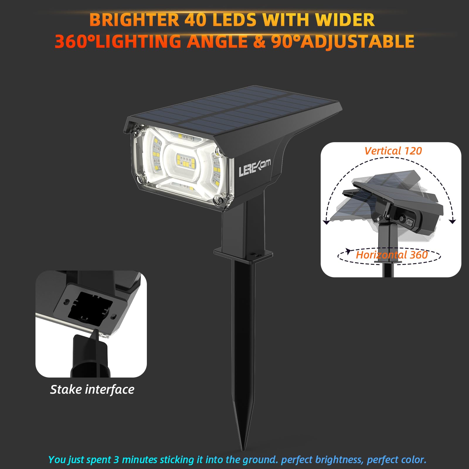 40 LED Solar Spotlights Outdoor - RGB Color Changing Landscape Path Lights with USB & Solar Power, 14 Auto-Cycling Colors for Yard, Garden, Patio, Walkway - Waterproof & Energy Efficient (2 Pack)