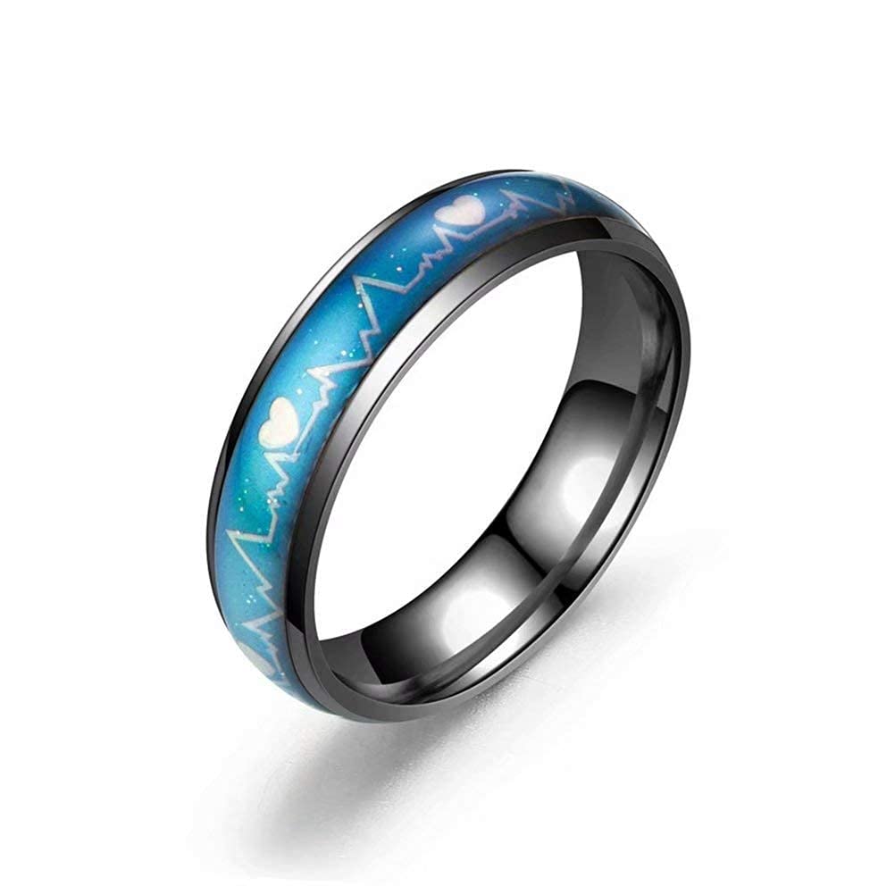 6MM 316L Stainless Steel Heartbeat Pattern Temperature Sensitive Color Changing Wedding Band Mood Ring for Men & Women - Perfect for Couples, Anniversary Gifts, and Unique Fashion Accessories