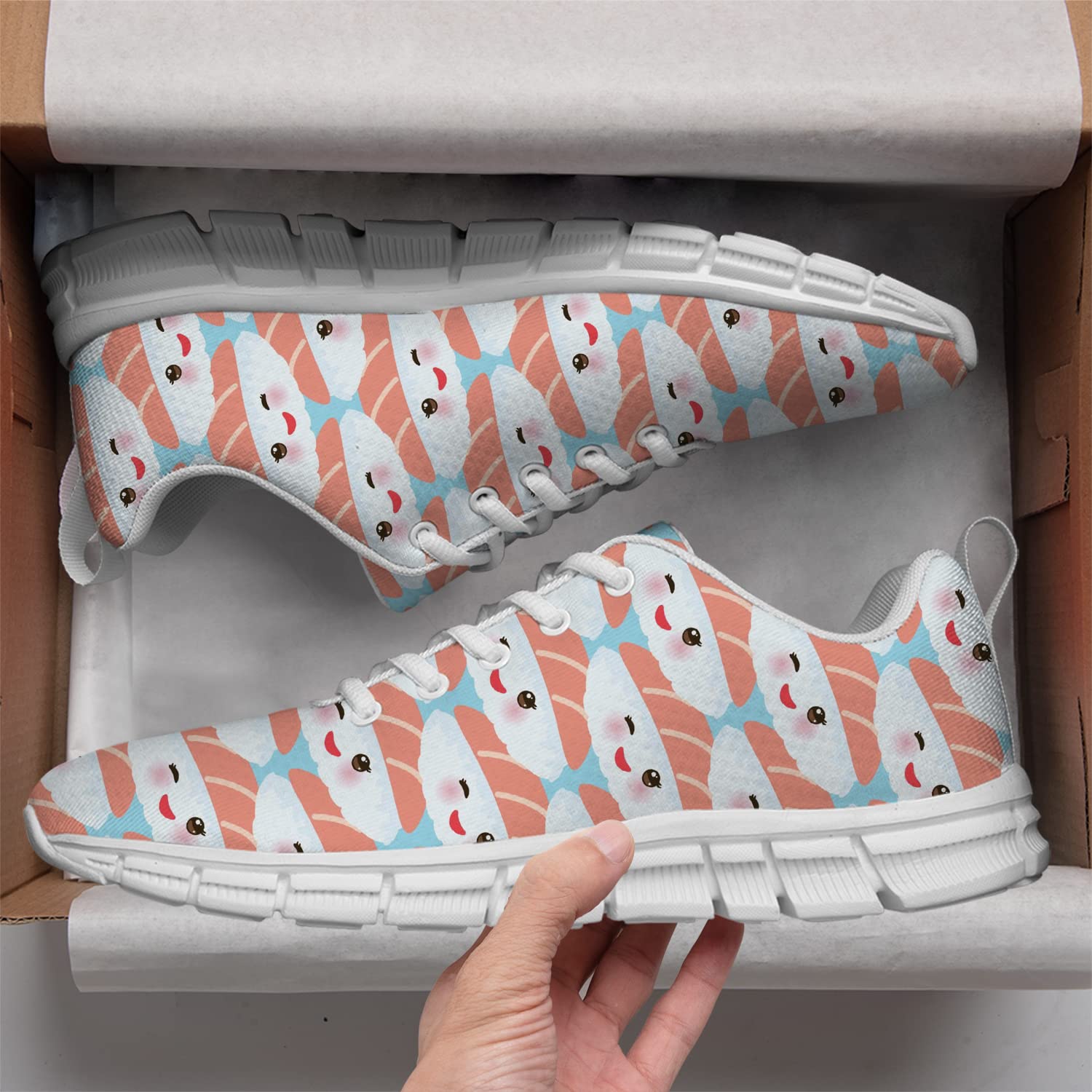 Japanese Sushi Themed Sneakers - Funny Maguro Toro Sushi Shoes for Men & Women - Comfortable Tennis Walking Shoes - Unisex Gifts for Boys, Girls & Adults - Men's Size 10.5, Women's Size 12 in White - Perfect for Cosplay, Anime Conventions & Foodie Fashion