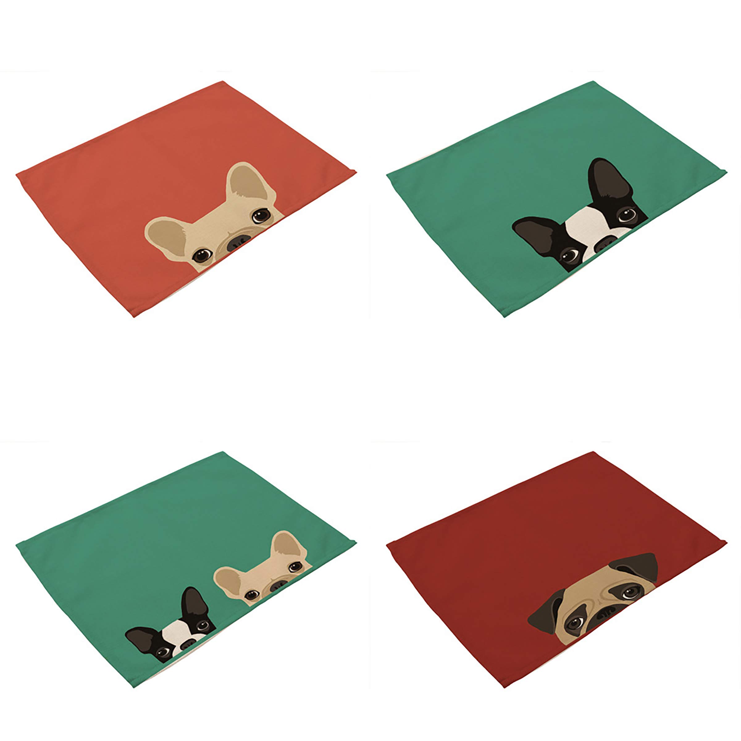 Cute Bulldog Printed Cotton & Linen Placemats Set of 4 - Heat & Stain Resistant Western Style Table Mats for Kitchen Dining - Pet Lover Home Decor & Dog Themed Dinnerware Accessories
