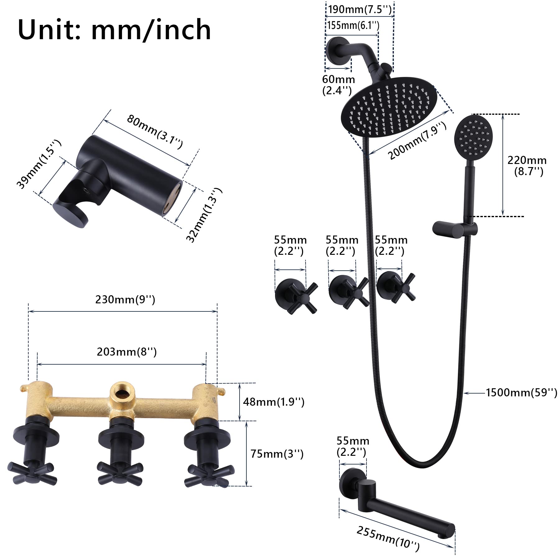 3 Handle Shower Faucet Set - Matte Black Complete Tub Shower Trim Kit with Valve | Bathroom Remodel, Modern Home Upgrade & Spa-Like Shower Experience