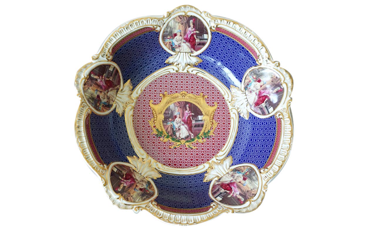 Royal Blue Porcelain Fruit Bowl with Gold Rim - Elegant Decorative Centerpiece for Dining Table, Kitchen, and Party Decor
