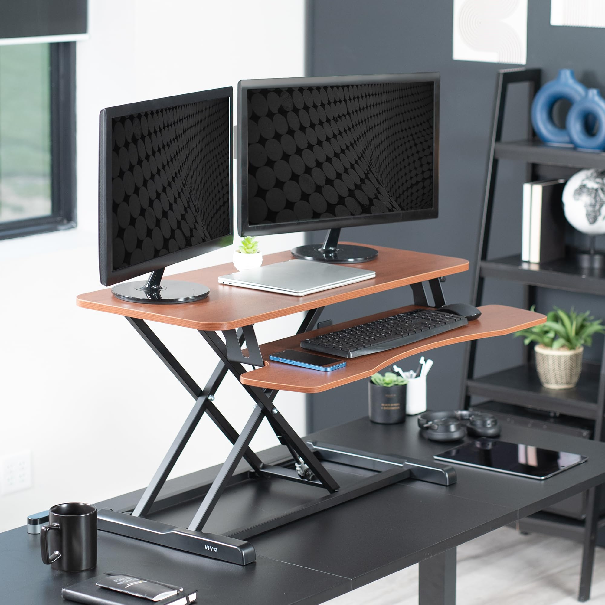VIVO 36 Inch Height Adjustable Standing Desk Converter - K Series Sit to Stand Riser with Wide Keyboard Tray for Dual Monitor & Laptop Workstation (Dark Walnut Top, Black Frame) - Perfect for Home Office, Gaming Setup & Ergonomic Workspace | Model DESK-V036KA