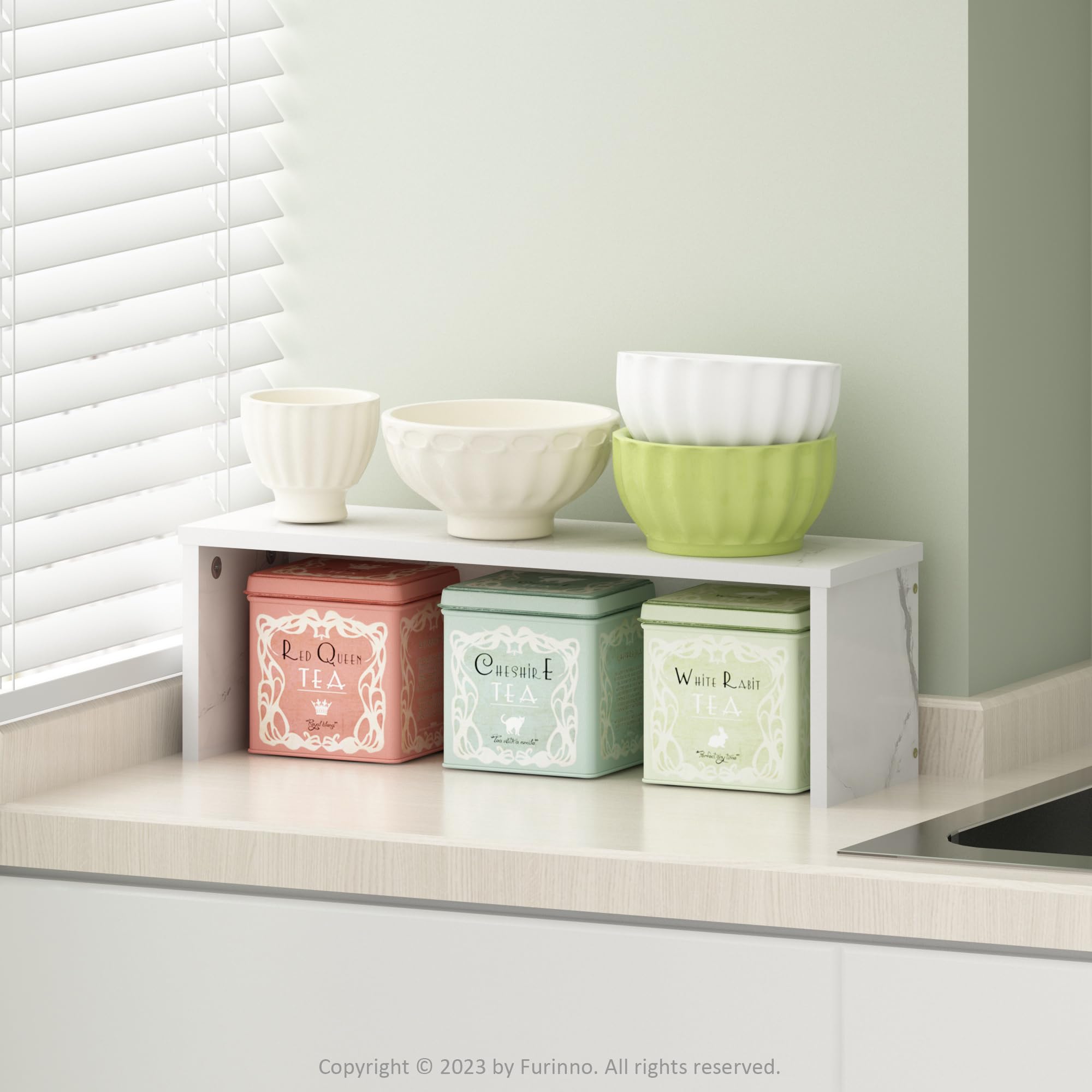 Furinno Helena 18-Inch Stackable Kitchen Counter Organizer Shelf - Marble White | Space-Saving Storage for Spices, Utensils & Small Appliances | Perfect for Pantry, Countertop & Cabinet Organization