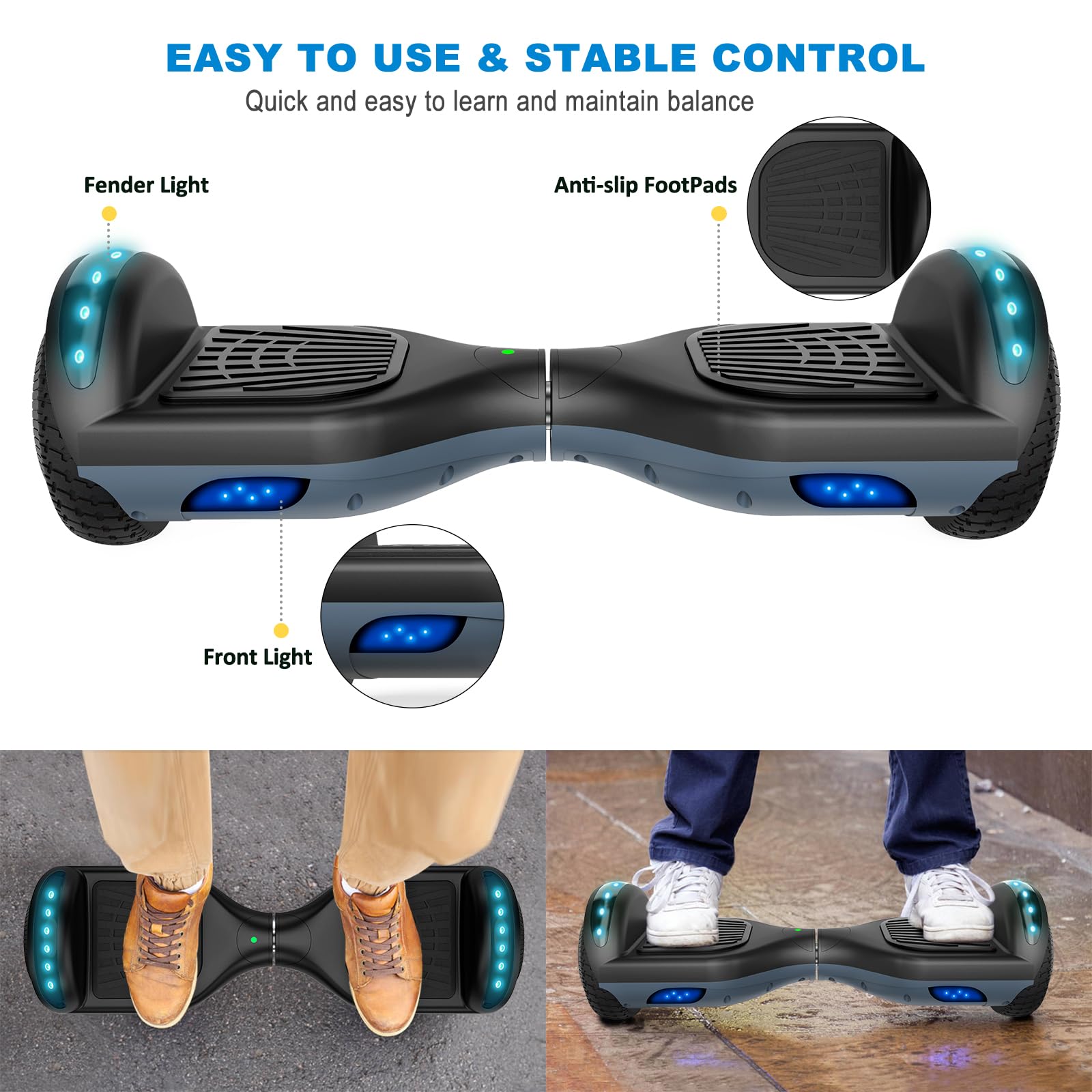 6.5 Inch Self Balancing Hoverboard with Bluetooth & LED Lights - Electric Scooter for Kids & Teens - Perfect for Commuting, Campus Travel & Outdoor Fun