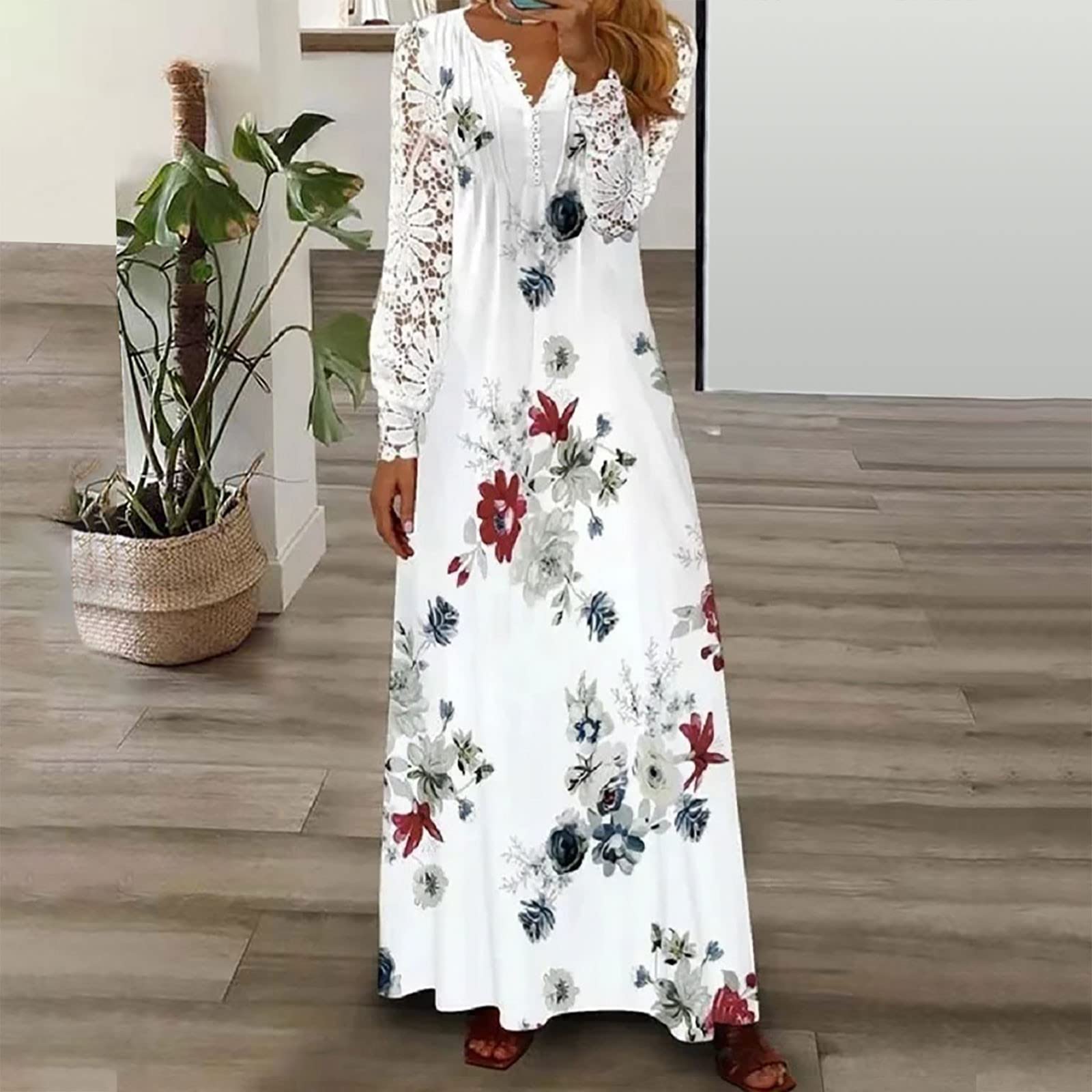 Women's Floral Lace Long Puff Sleeve Dress - V Neck Ruched Maxi Dress for Fall & Summer 2024 | Perfect for Weddings, Parties & Special Occasions