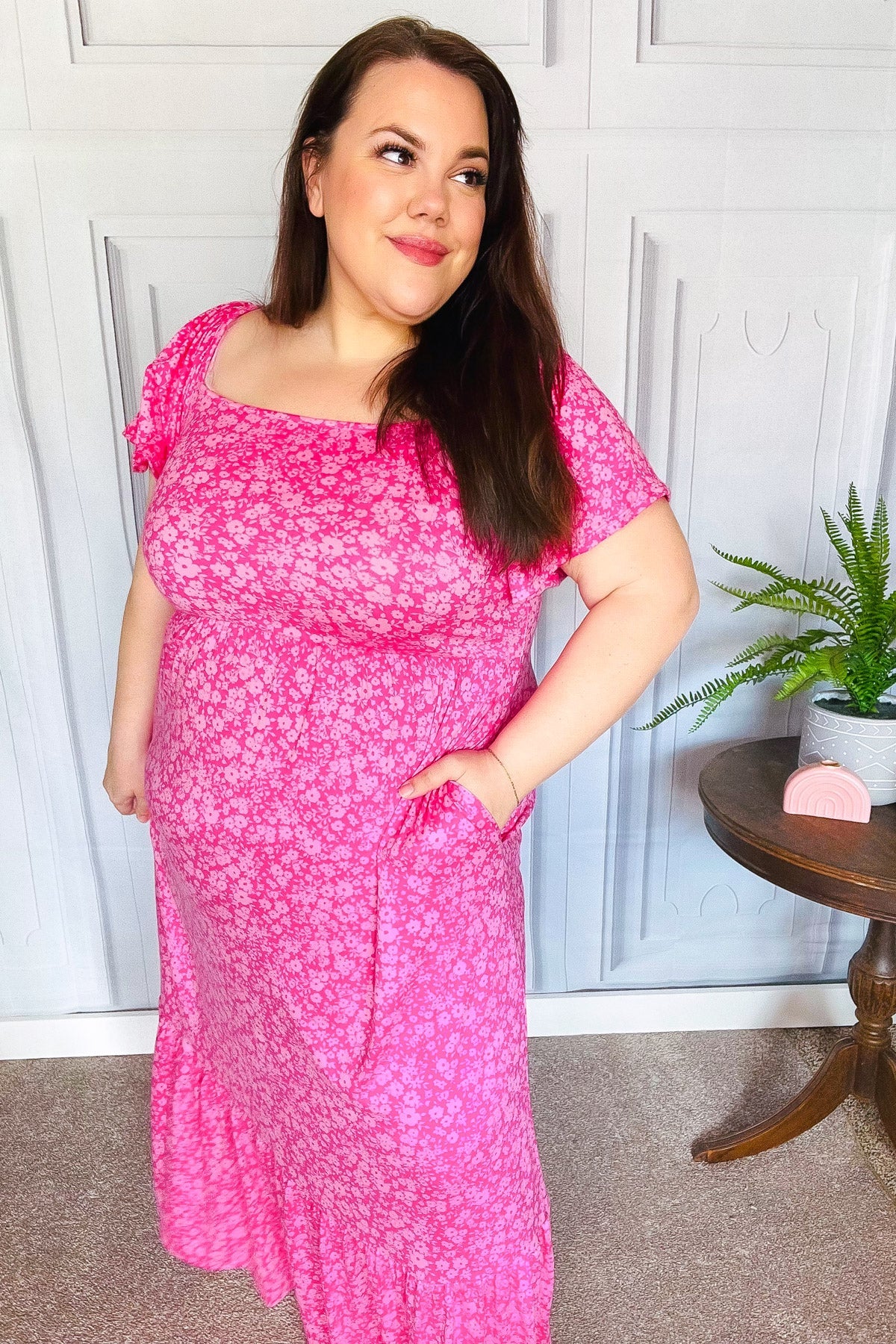 Perfectly You Fuchsia Ditzy Floral Fit & Flare Maxi Dress - Women's Summer Boho Beach Dress for Vacation, Wedding Guest & Outdoor Parties