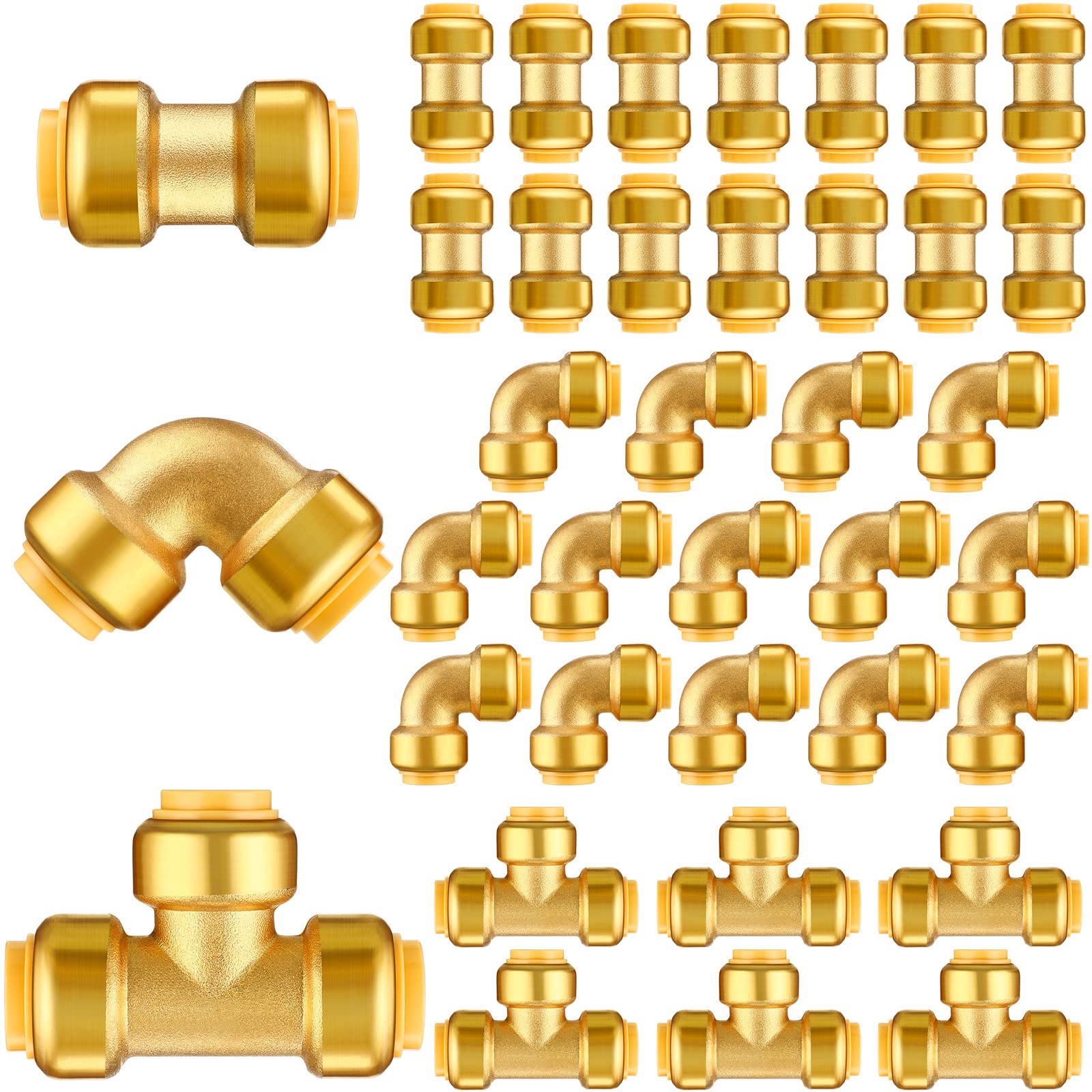 35 Pieces 1/2 Inch Push to Connect Brass Plumbing Fittings Kit - 14 Straight Couplings, 14 Pcs 90 Degree Elbows & 7 Tee Push Fit Connectors for Copper PEX CPVC Pipe - Perfect for DIY Plumbing Repairs and Water Supply Installations