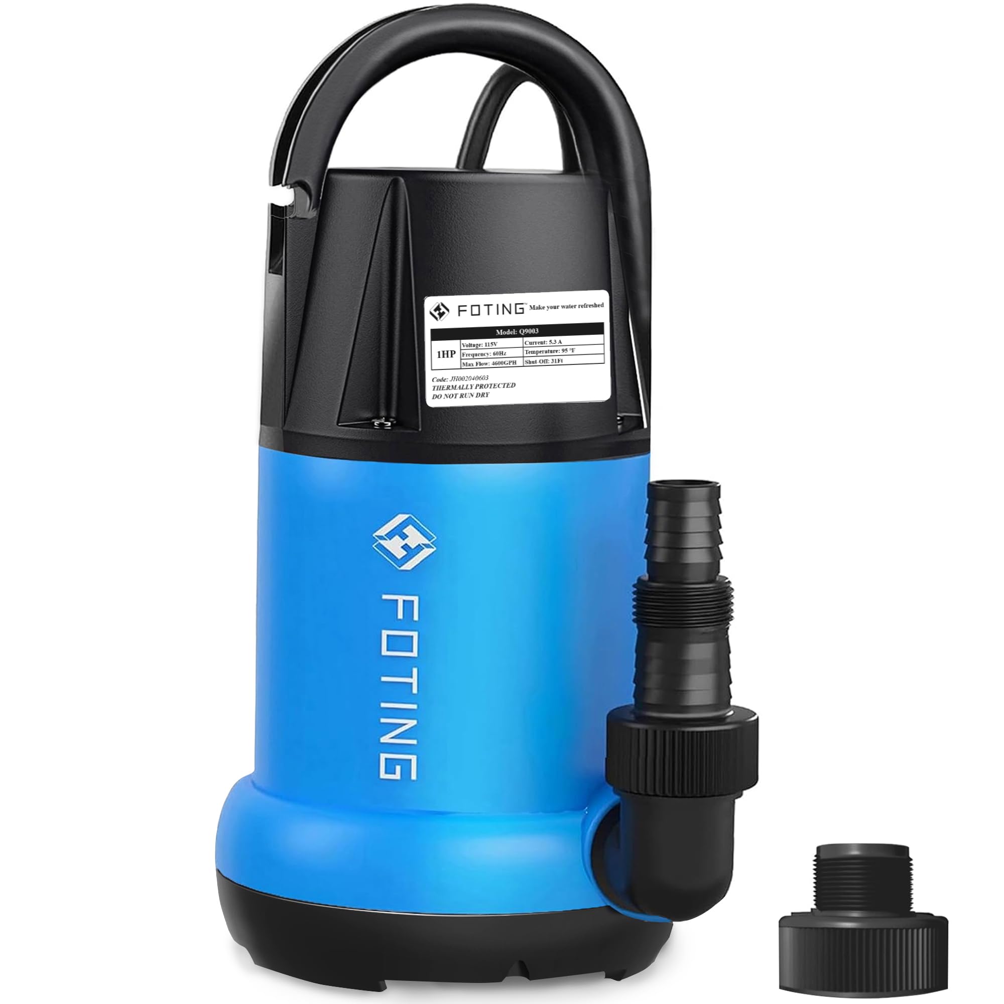 1HP FOTING Submersible Sump Pump - 4600GPH High Flow Clean/Dirty Water Pump with 16ft Power Cord - Portable Thermoplastic Utility Pump for Swimming Pools, Garden Ponds, Basement Flooding & Water Transfer - Ideal for Emergency Drainage, Irrigation, and Home Maintenance