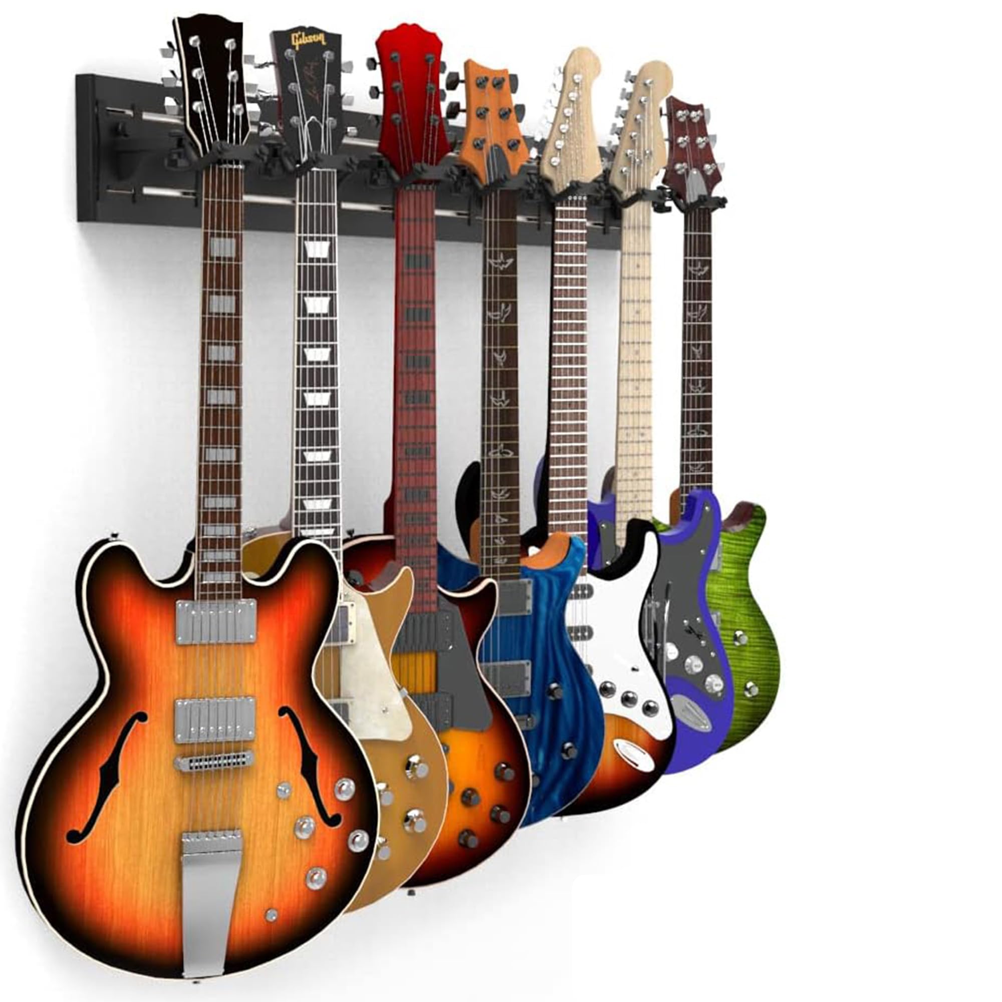 DLDirect 7 Guitar & Ukulele Wall Mount Holder with Locking System - 48 Inch Black Wall Hanger for Home, Studio & Music Room Organization
