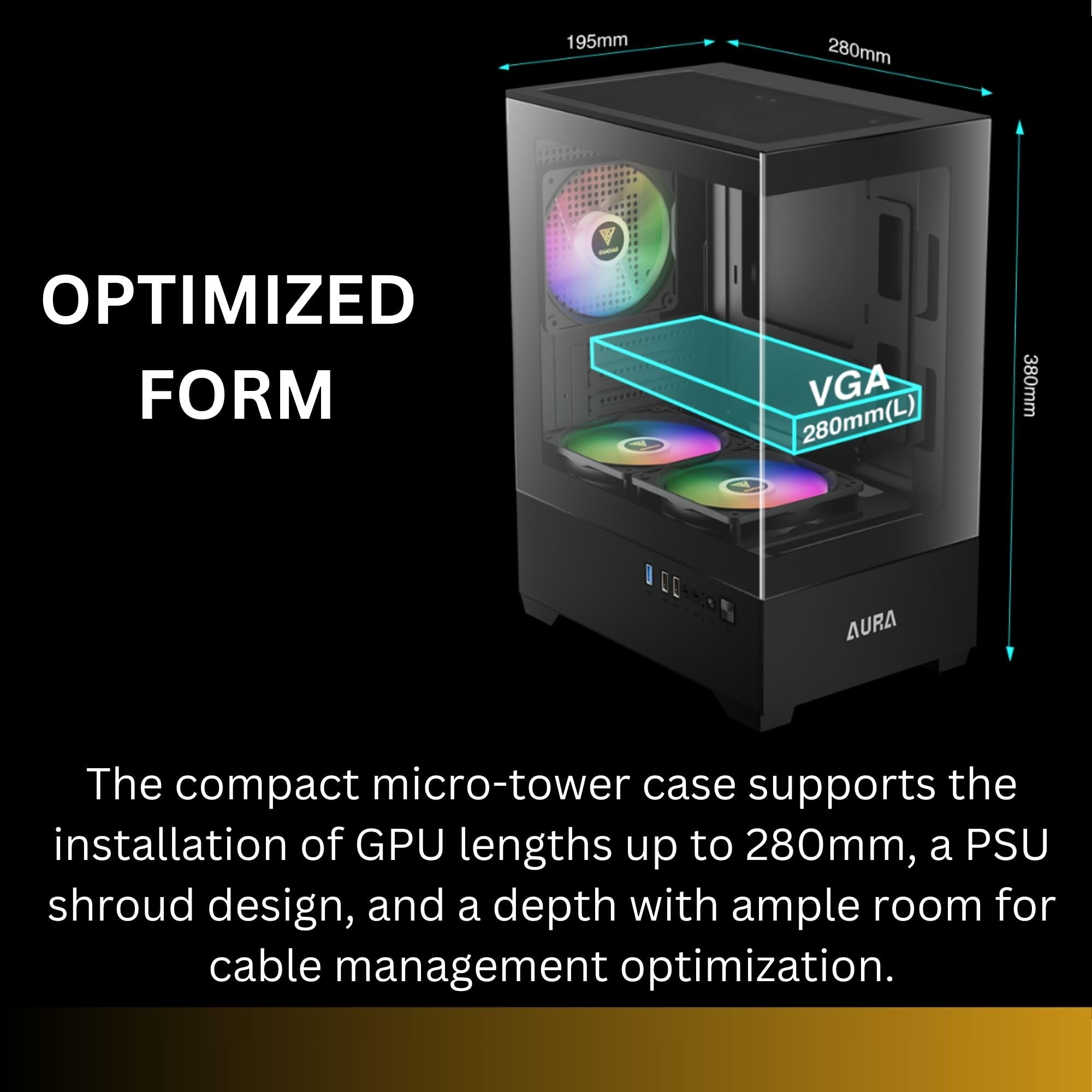 GAMDIAS Micro-ATX Gaming PC Case with Tempered Glass Side Panel - 3X 120mm ARGB Fans, Supports 240mm AIO Radiator, 280mm GPU, 155mm CPU Cooler - Perfect for Compact Gaming Rigs & Home Office Setups