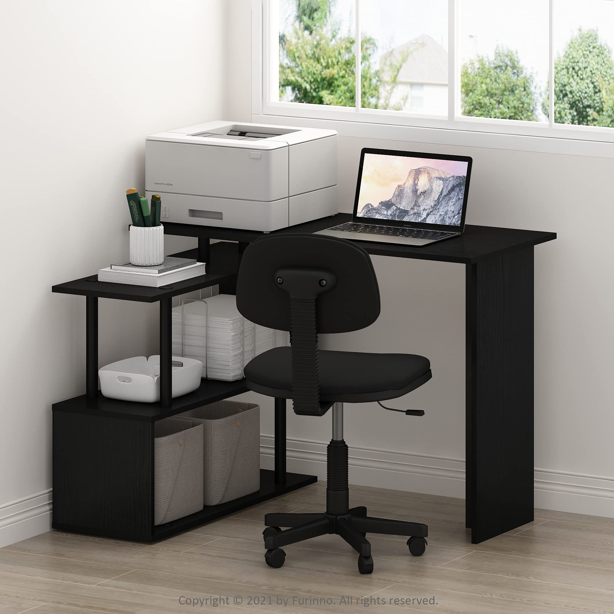 Furinno Moore L-Shape Computer Desk with 3-Tier Shelves - Compact Home Office Desk for Small Spaces, Study Desk with Storage, Espresso Finish - Perfect for Home Office, Gaming Setup & Remote Work