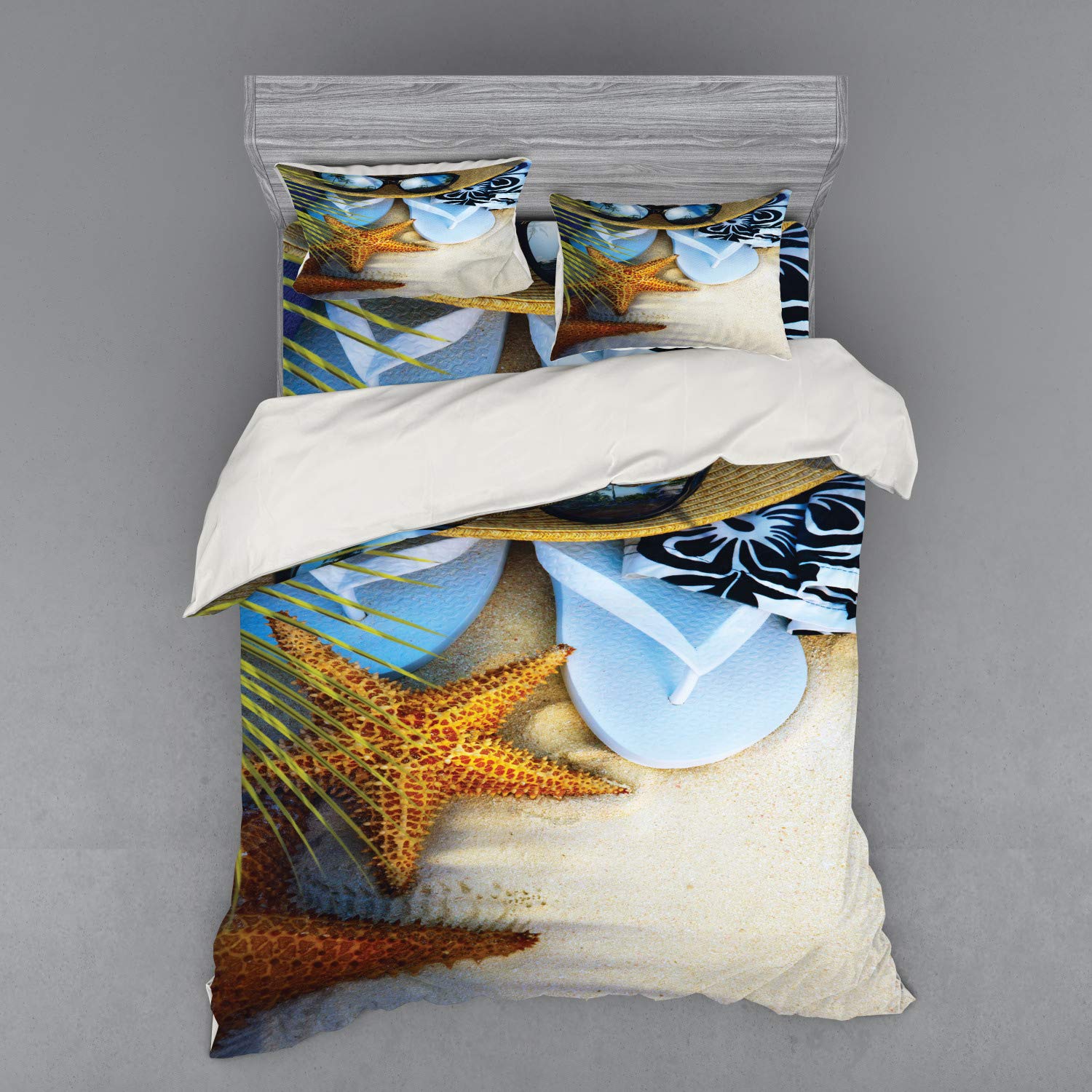 Ambesonne Tropical Beach Duvet Cover Set - 4 Piece Queen Size Bedding with Seashell, Starfish & Sunglasses Design - Includes Shams & Fitted Sheet - Vibrant Multicolor Beach Theme for Coastal & Vacation Home Decor