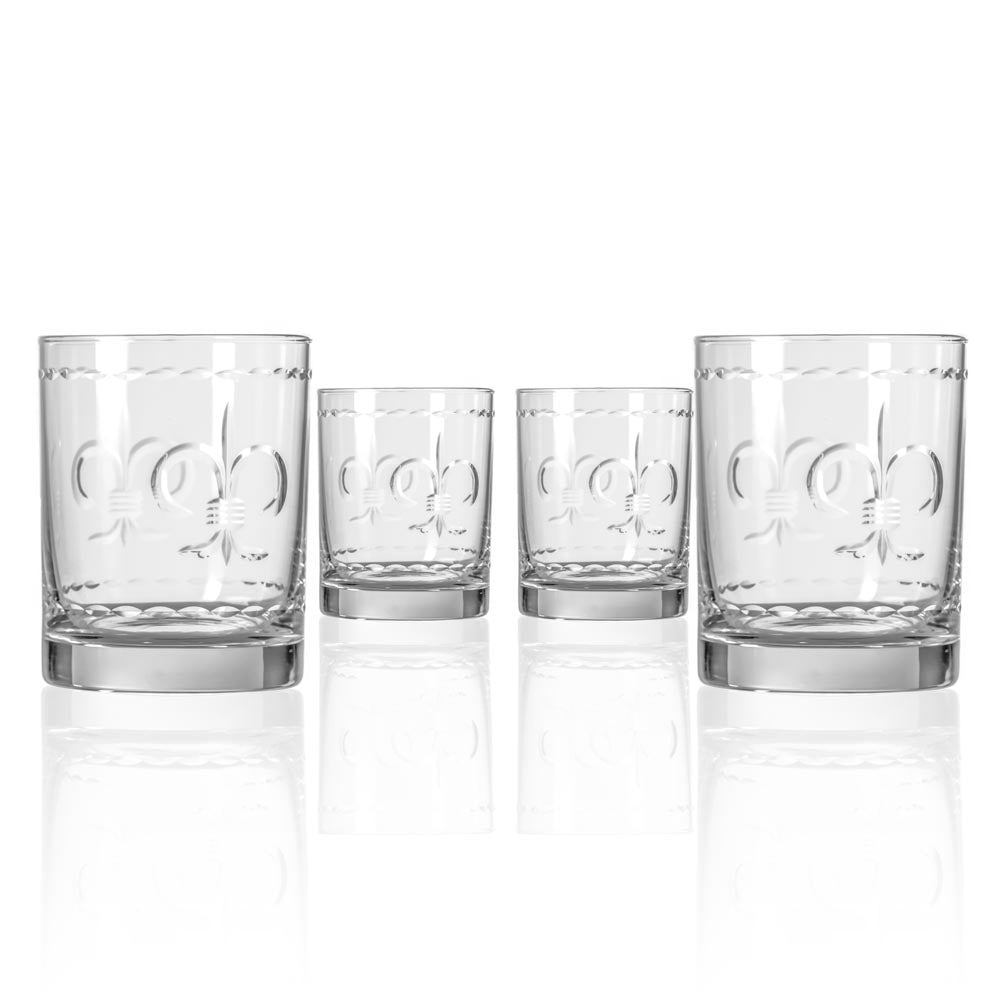 Premium 13oz Fleur De Lis Double Old Fashioned Glasses - Set of 4 | Elegant Whiskey & Cocktail Drinking Glasses for Home Bar, Parties & Gifts