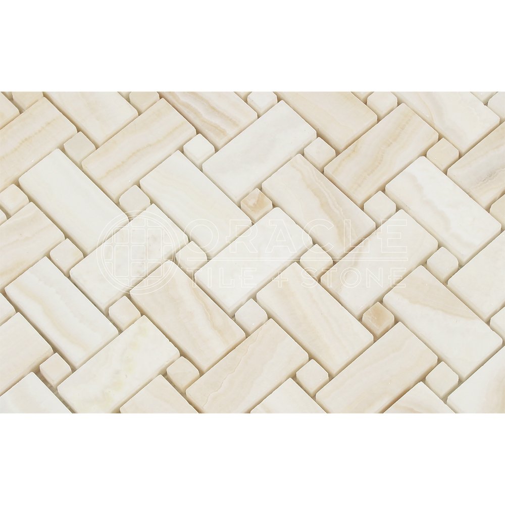 Premium White Onyx Basketweave Mosaic Tile with Polished Dots - Vein-Cut Design - 5 Sheets per Box - Perfect for Bathroom Backsplash, Kitchen Accent Wall & Luxury Home Decor