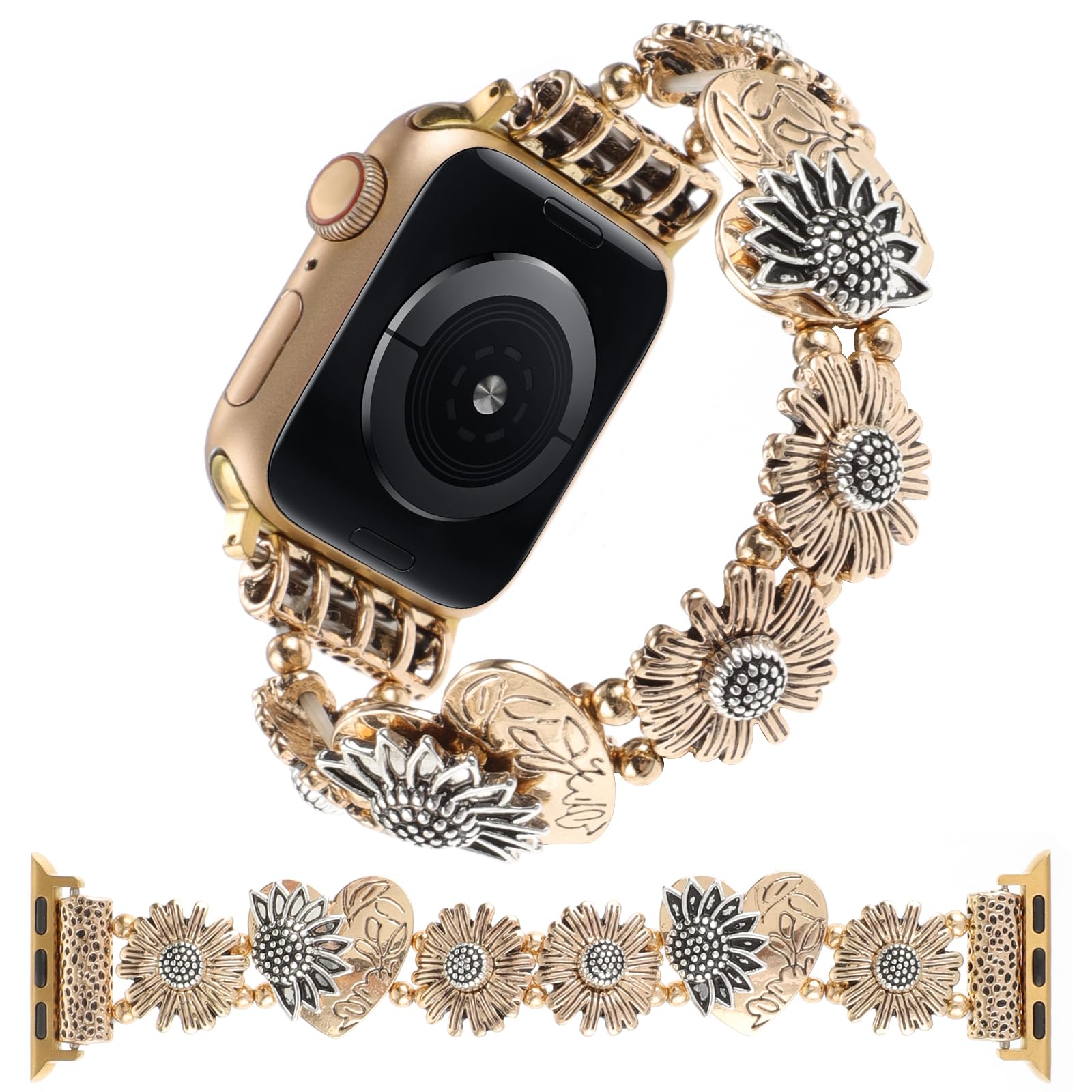 Stretchy Stainless Steel Apple Watch Bands for Women - Compatible with 38mm 40mm 41mm 42mm 44mm 45mm 49mm iWatch Series 9/8/7/6/5/4/3/2/SE - Elegant Sunflower Heart Design Elastic Wristband for Workout, Office & Special Occasions