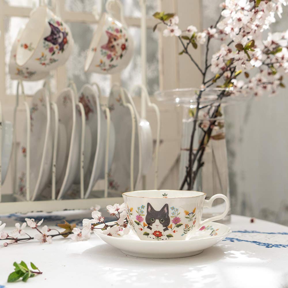 123Arts Ceramic Cat and Flower Coffee Mug Teacup Set with Saucer - Cute Cat-Themed Tea Cup for Coffee, Tea & Hot Drinks - Perfect for Home, Office & Gifts