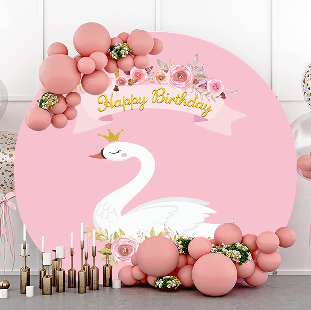 Elegant White Swan with Gold Crown Floral Backdrop - 7x7ft Polyester Round Birthday Banner for Girls 1st Bday Party, Cake Smash Photo Props, Baby Shower & Princess Theme Decor