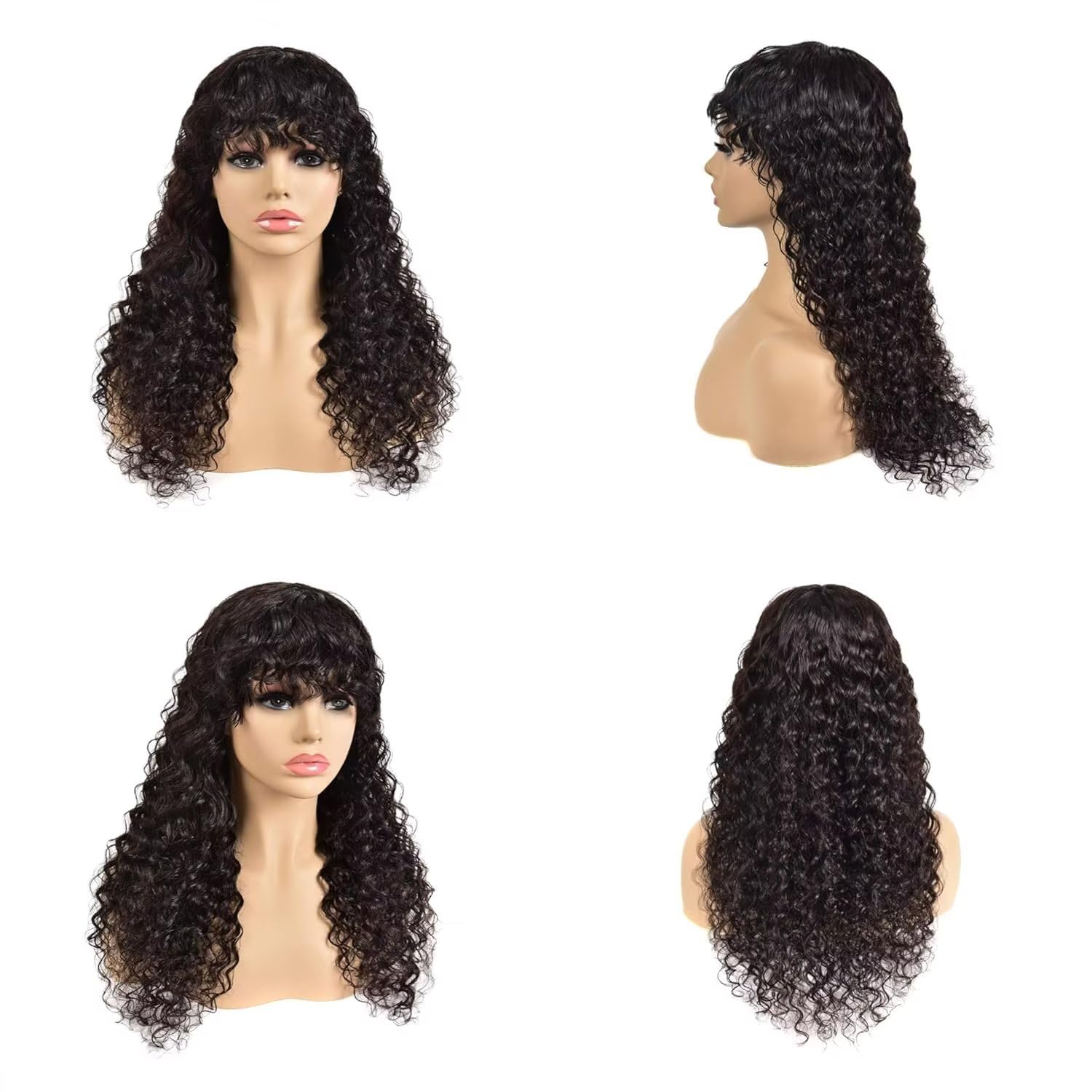 CLASSINE 24 Inch Brazilian Human Hair Wig for Women - Curly Glueless Lace Front Wig with Bangs, Natural Black Hair Replacement for Daily Wear & Cosplay