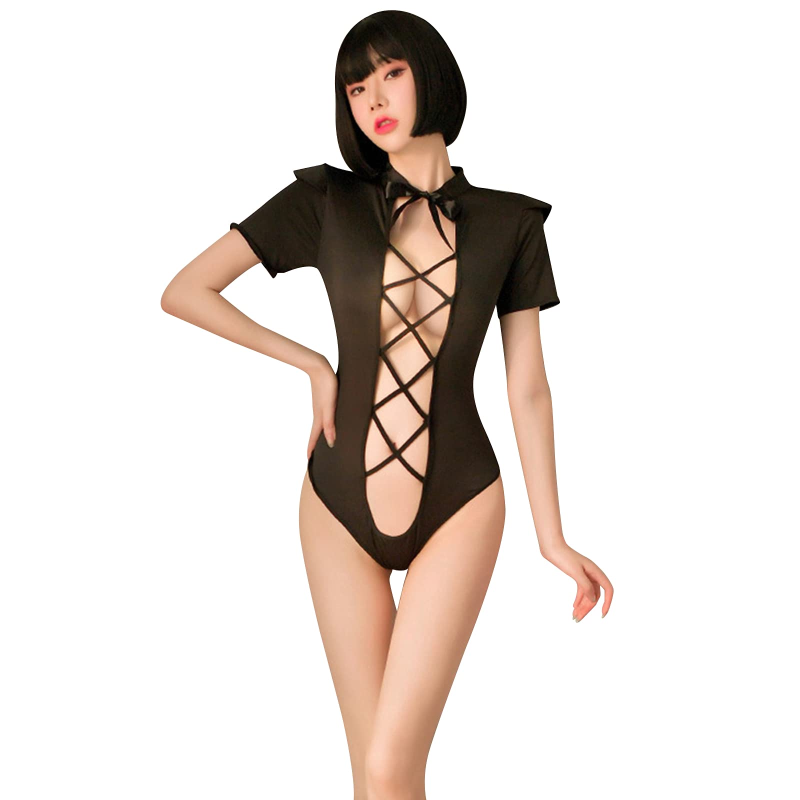YOMORIO Sexy French Maid Lingerie Puff Sleeves Jumpsuit - Anime Cosplay Costume for Women (White) | Halloween Party, Role Play, Boudoir Photoshoot Outfit