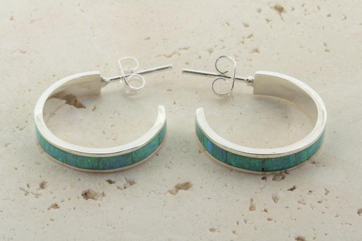Blue Opal Hoop Stud Earrings for Women - Medium Size, Dainty & Elegant Jewelry for Everyday Wear, Parties & Gifts