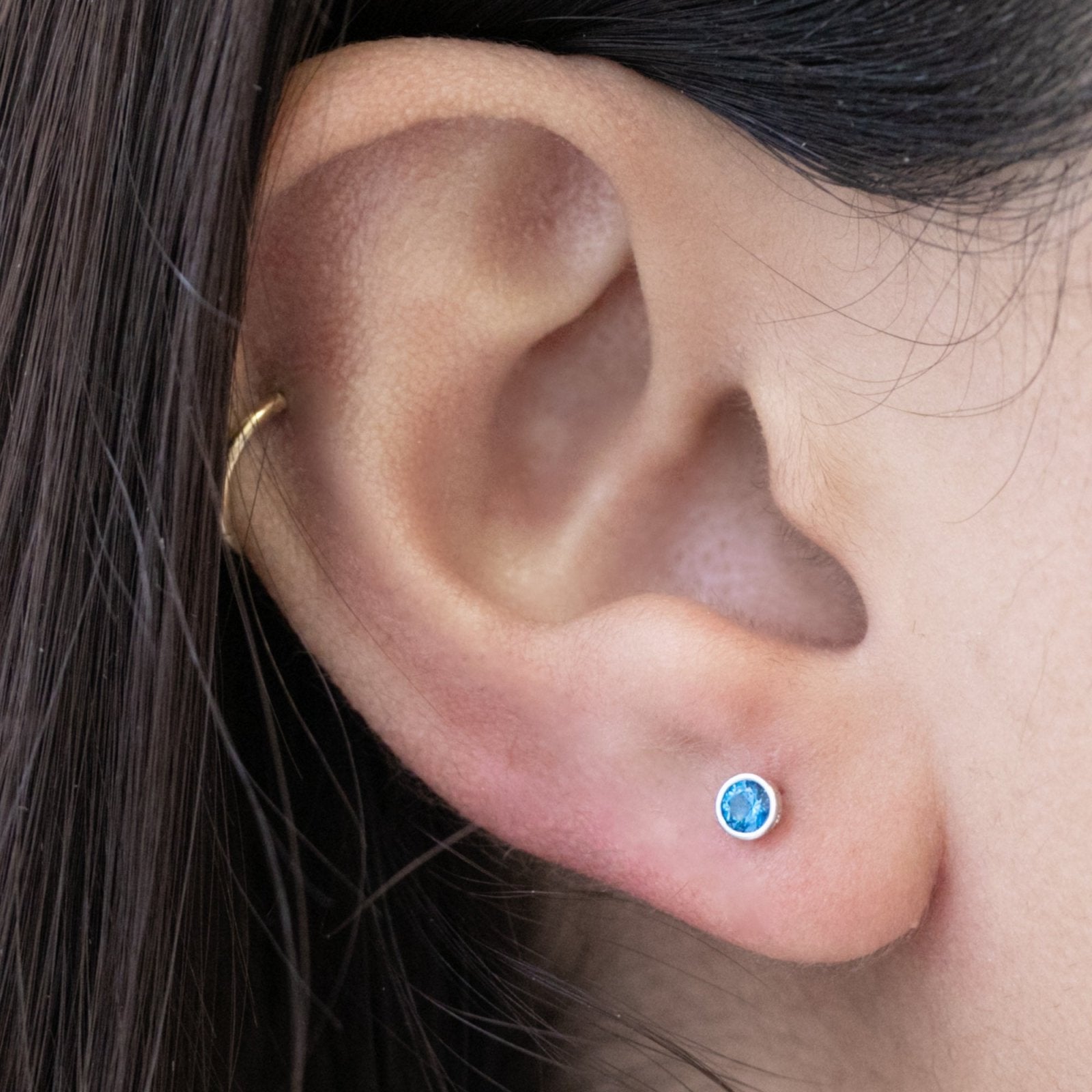 14K White Gold Round Blue Topaz Stud Earrings - Flat Back Bezel Set for Everyday Wear & Special Occasions