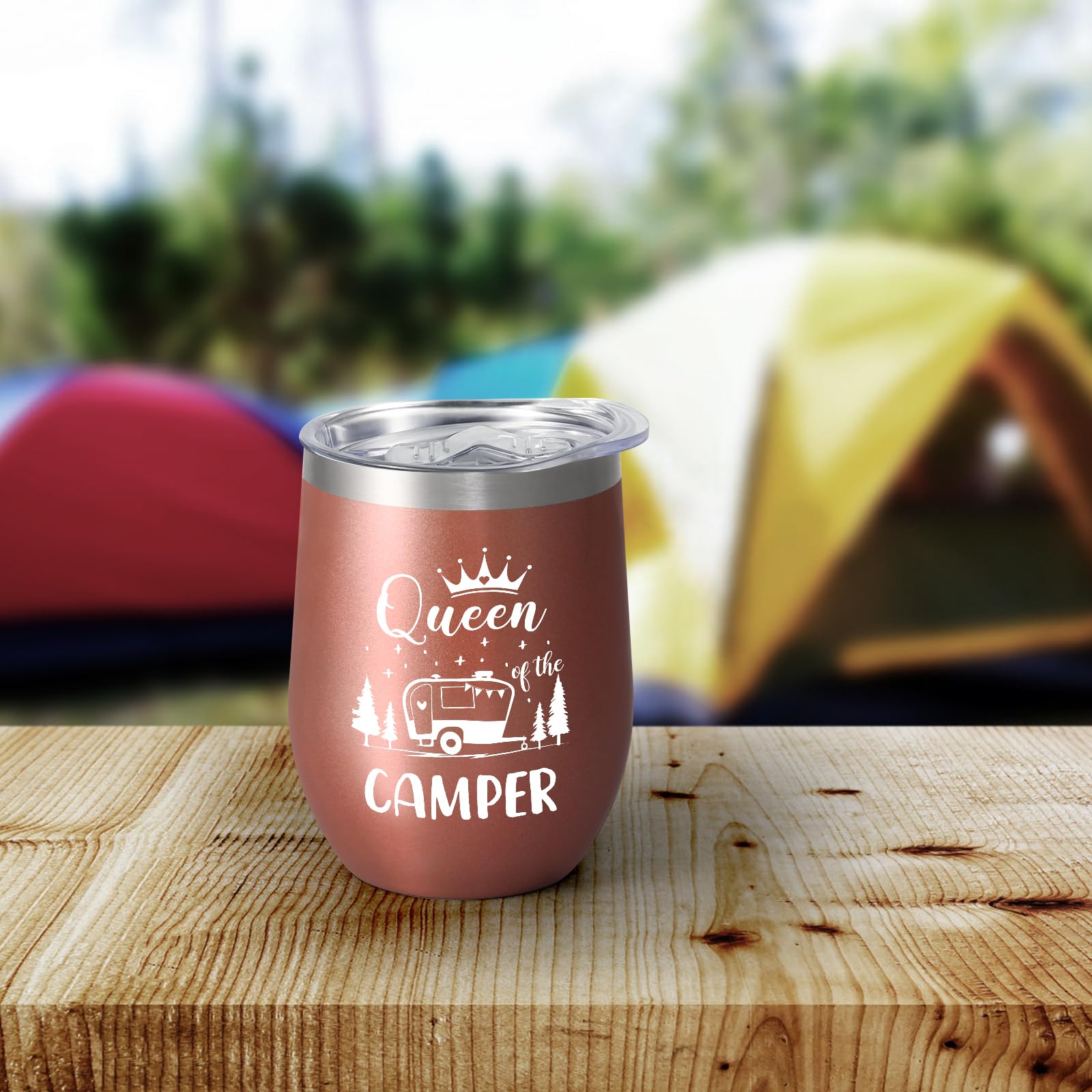 **Lifecapido 12oz Insulated Wine Tumbler - Queen of The Camper - Rose Gold Stainless Steel Travel Mug for Hot & Cold Drinks - Perfect Christmas, Birthday Gift for Women, Mom, Friends, Boss - Ideal for Camping, Hiking, Travel & Outdoor Adventures**