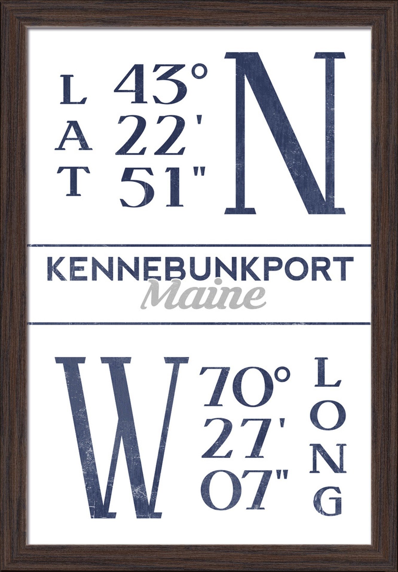 Kennebunkport Maine Latitude Longitude Blue Wall Art - 16x24 Giclee Fine Art Print with Recycled Wood Frame in Espresso Brown - Perfect for Coastal Home Decor & Office Wall Art