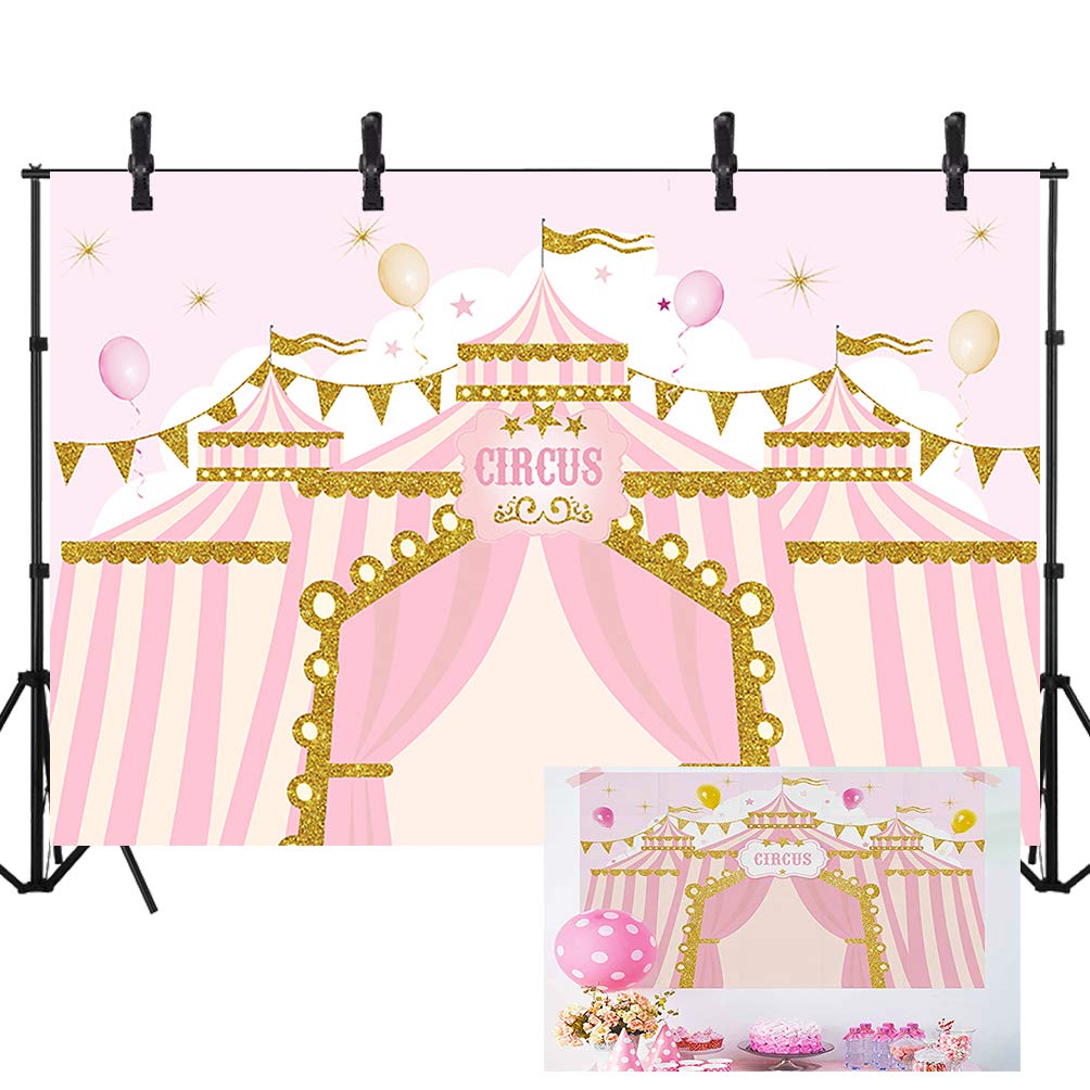 Sensfun 8x6ft Pink Circus Backdrop - Carnival Carousel Big Top Tent Theme for 1st Birthday Party, Baby Shower & Newborn Photo Booth Decor | Perfect for Candy Buffet, Cake Table & Party Background