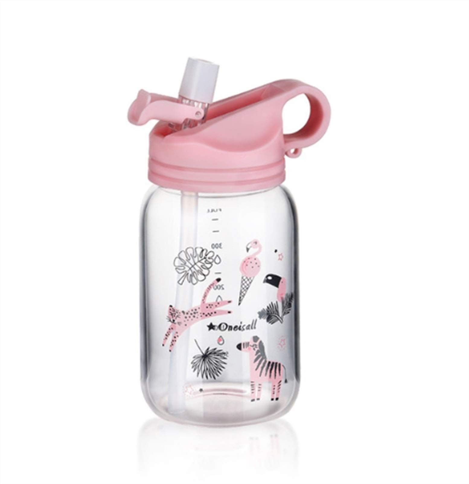 BPA Free Cartoon Cute Kids Glass Water Bottle with Plastic Straw - 450ml Portable Sports Tumbler Cup for Children - Pink | Ideal for School, Outdoor Activities & Travel