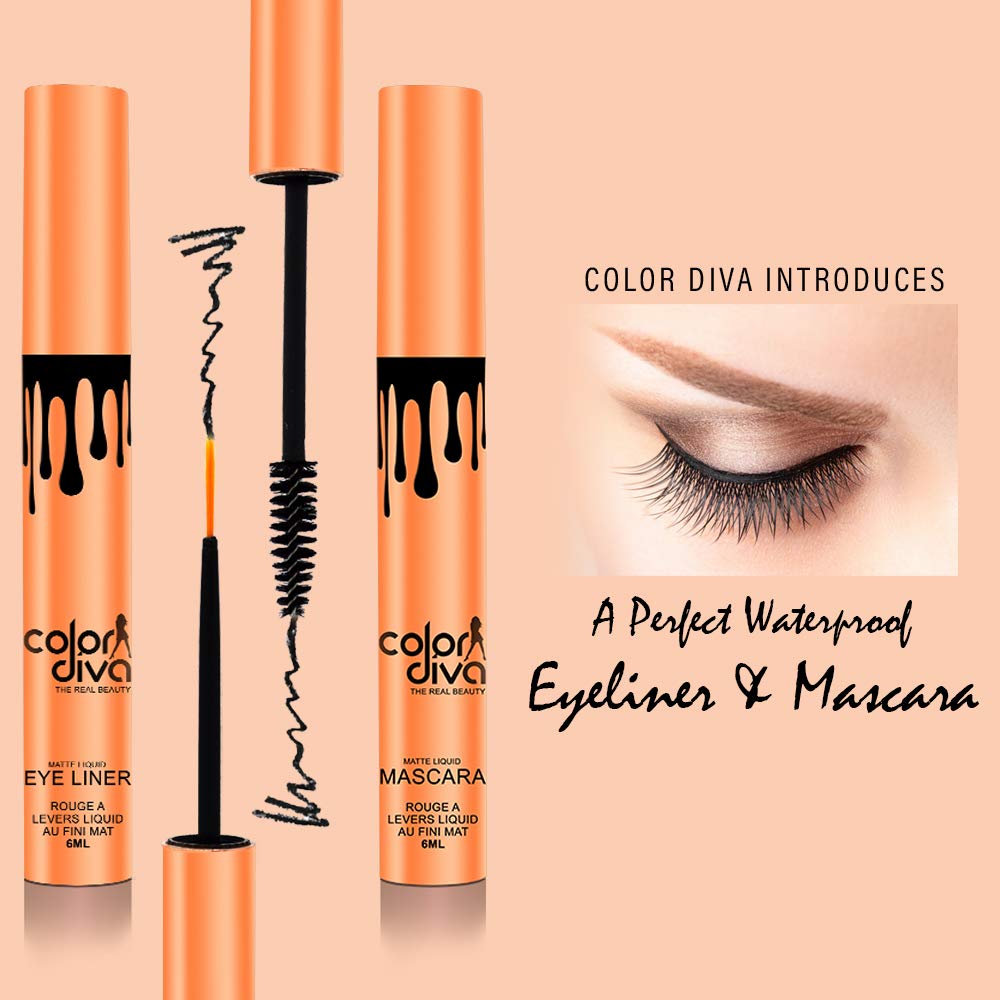 COLOR DIVA Waterproof & Long-Lasting Eyeliner & Mascara Set - Black (6ml) | Smudge-Proof, 24H Wear for Party, Wedding & Daily Makeup | EM102
