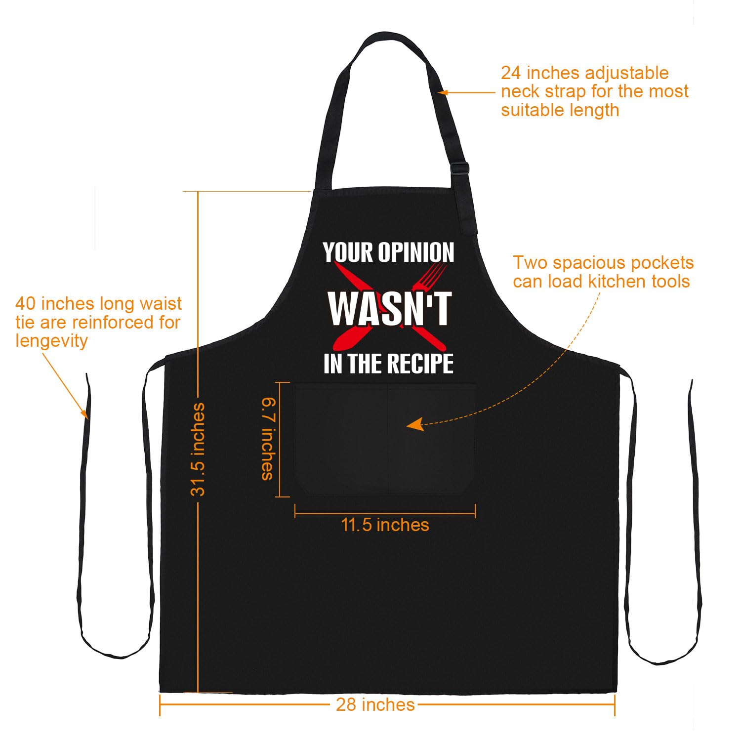 Funny Black Apron with 2 Pockets & Adjustable Neck Strap - 'Your Opinion Wasn't in the Recipe' Humorous Cooking Apron for Men & Women - Perfect Gift for Husband, Dad, Friends, Birthday, Christmas, Thanksgiving - Ideal for BBQ, Baking, Grilling & Kitchen Cooking