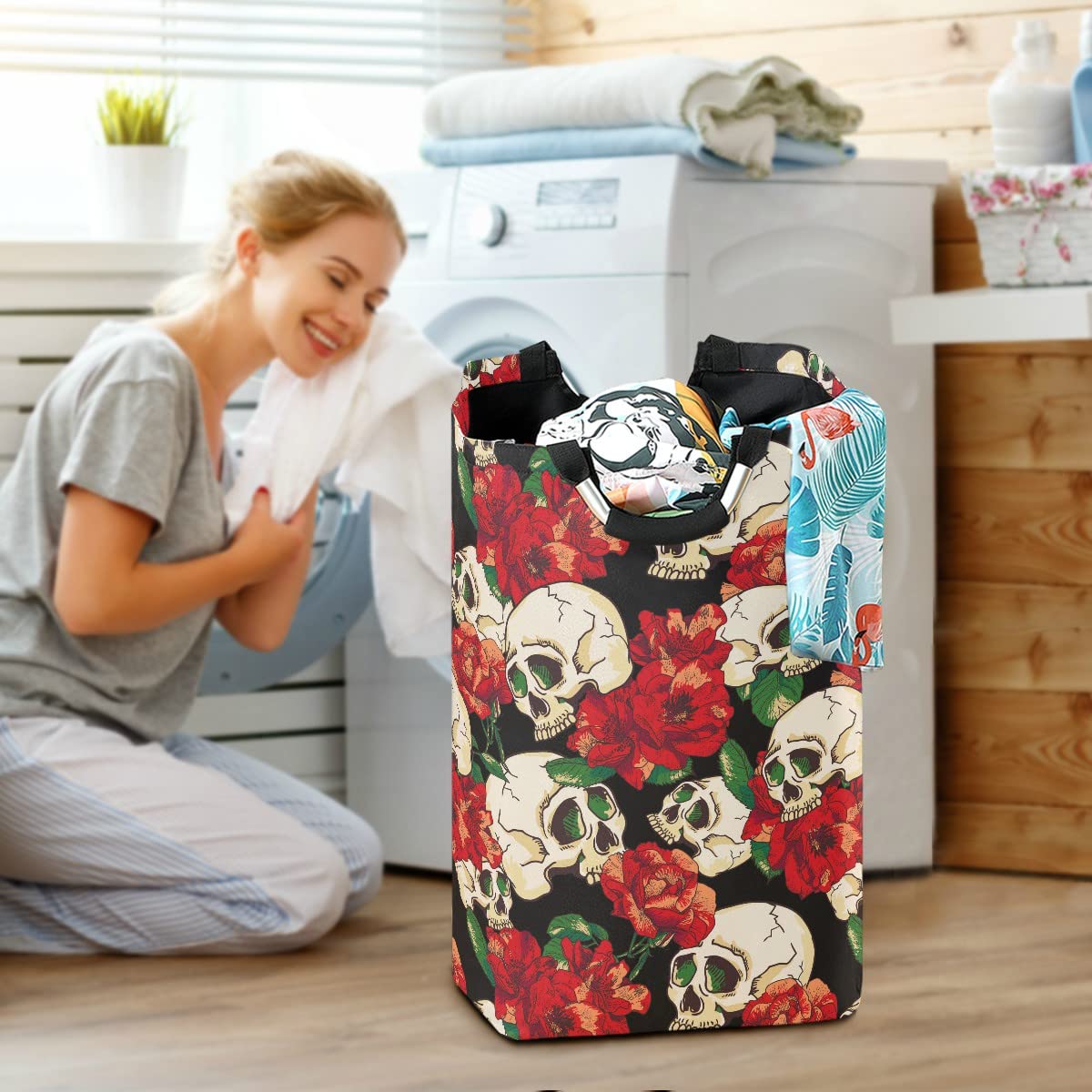 MNSRUU Foldable Laundry Bag with Handles - Skull & Flower Design Collapsible Laundry Basket Hamper for Bathroom Storage, Laundry Room Organization - Perfect for College Dorms, Travel & Home Decor