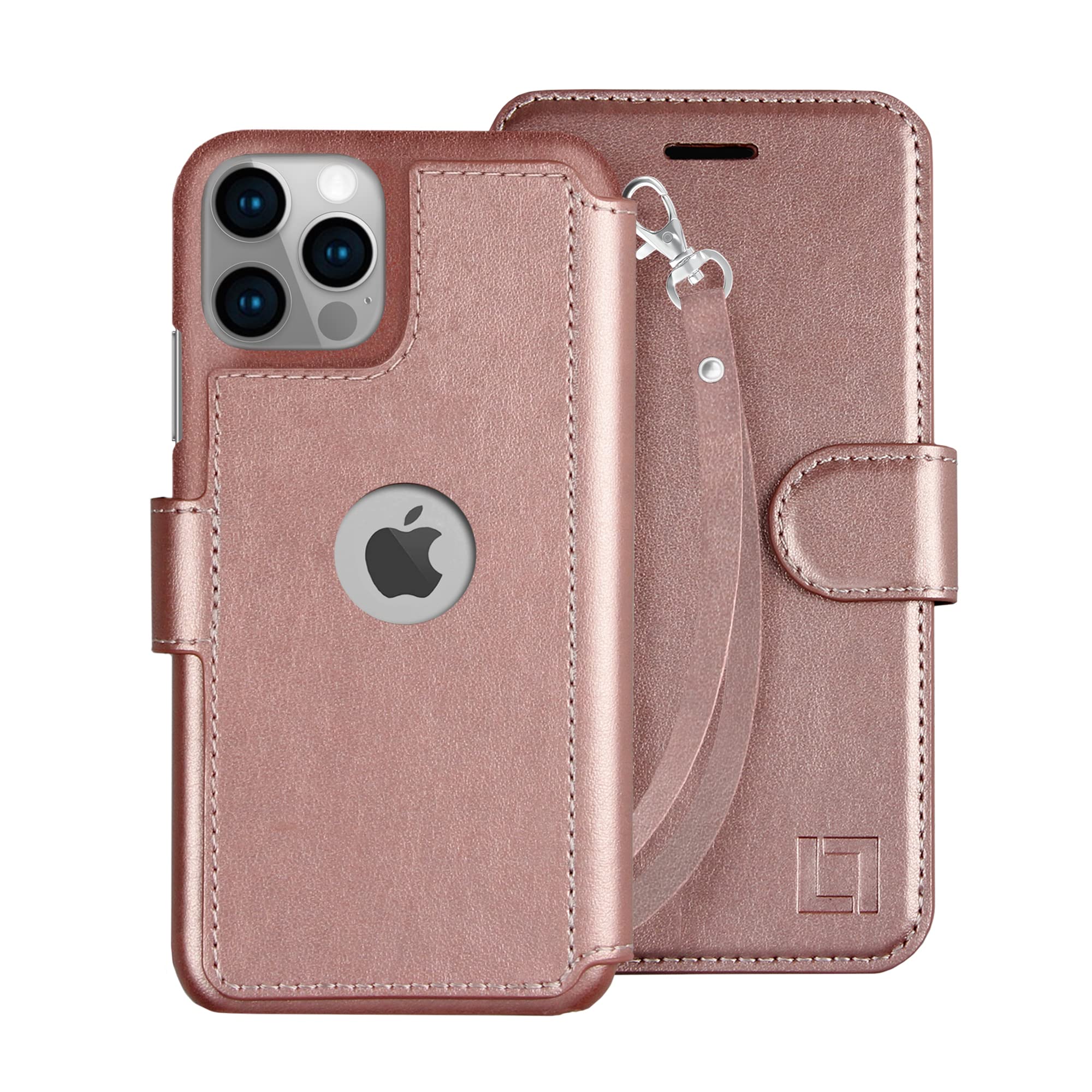 Slim & Durable iPhone 12 Wallet Case with Card Holder - Faux Leather Flip Folio Cover for iPhone 12/12 Pro - Rose Gold (Includes Wrist Strap) - Perfect for Everyday Use, Travel & Hands-Free Convenience