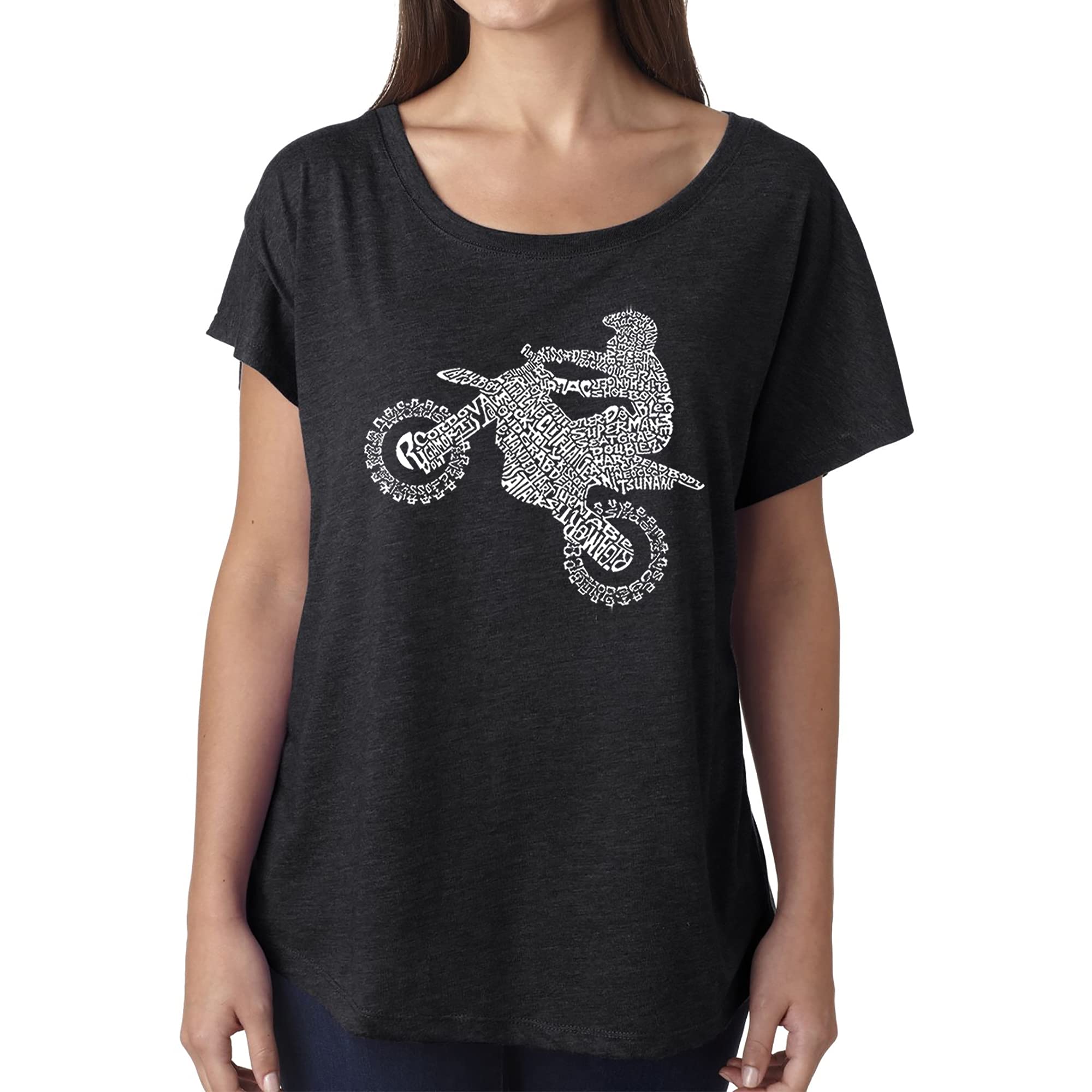 LA POP ART Women's Dolman Cut Word Art Shirt - Freestyle Motocross FMX Graphic Tee - Comfortable Casual Wear for Bikers, Motocross Fans & Street Style Fashion | Perfect for Riding Events, Concerts & Everyday Outfits
