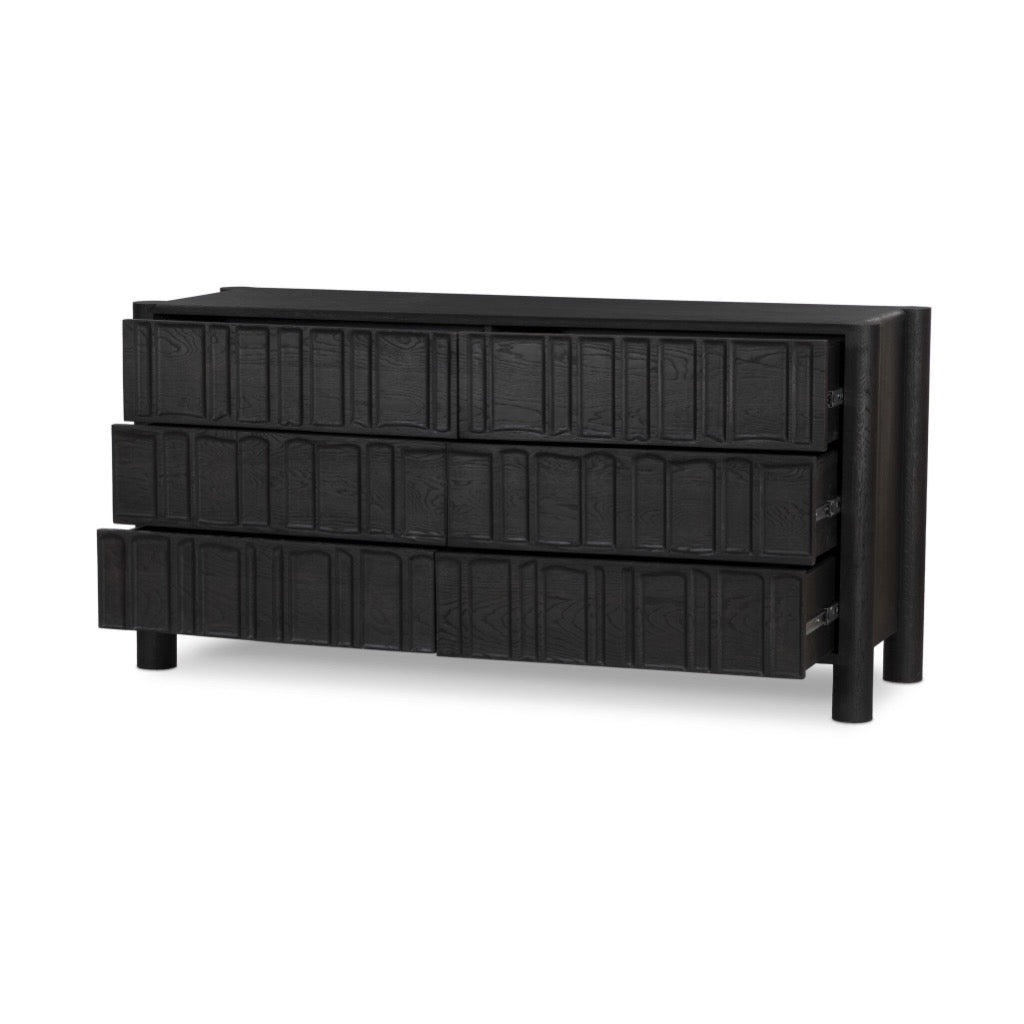 Ezri 6 Drawer Dresser - Carved Black Oak Wood Bedroom Furniture for Storage & Organization | Perfect for Bedroom, Nursery, or Guest Room