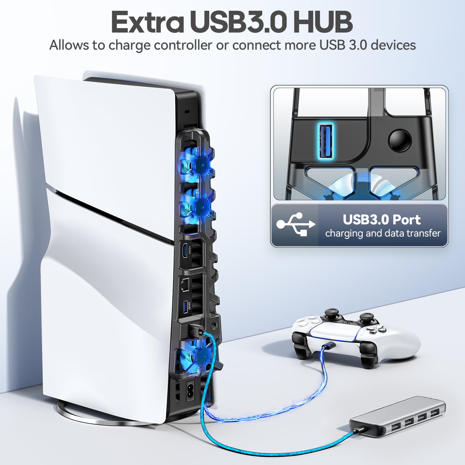 Tokluck PS5 Cooling Fan for PS5 Slim Disc & Digital Edition - 3-Speed Memory Cooling System with USB 3.0 Hub & Blue LED Lights - Perfect for Gaming Sessions and Console Protection