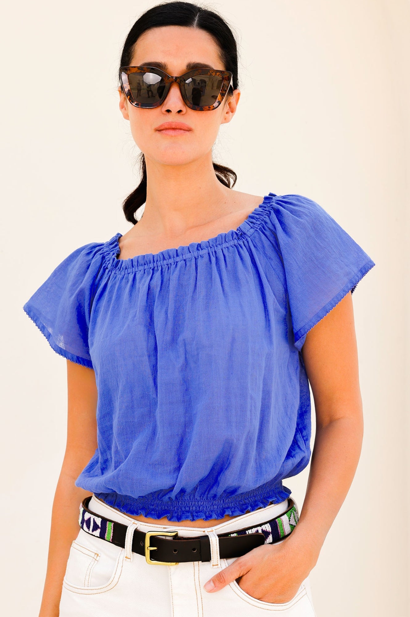 Ilana Frill Organic Cotton Gauze Top - Breathable Women's Blouse in Dazzling Blue | Boho Chic Summer Outfit for Beach, Vacation & Casual Wear