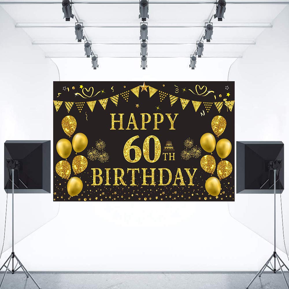 Trgowaul 60th Birthday Backdrop - 5.9x3.6ft Gold & Black Photography Background for Women & Men - Perfect for Milestone Birthday Parties, Photo Booths & Anniversary Celebrations