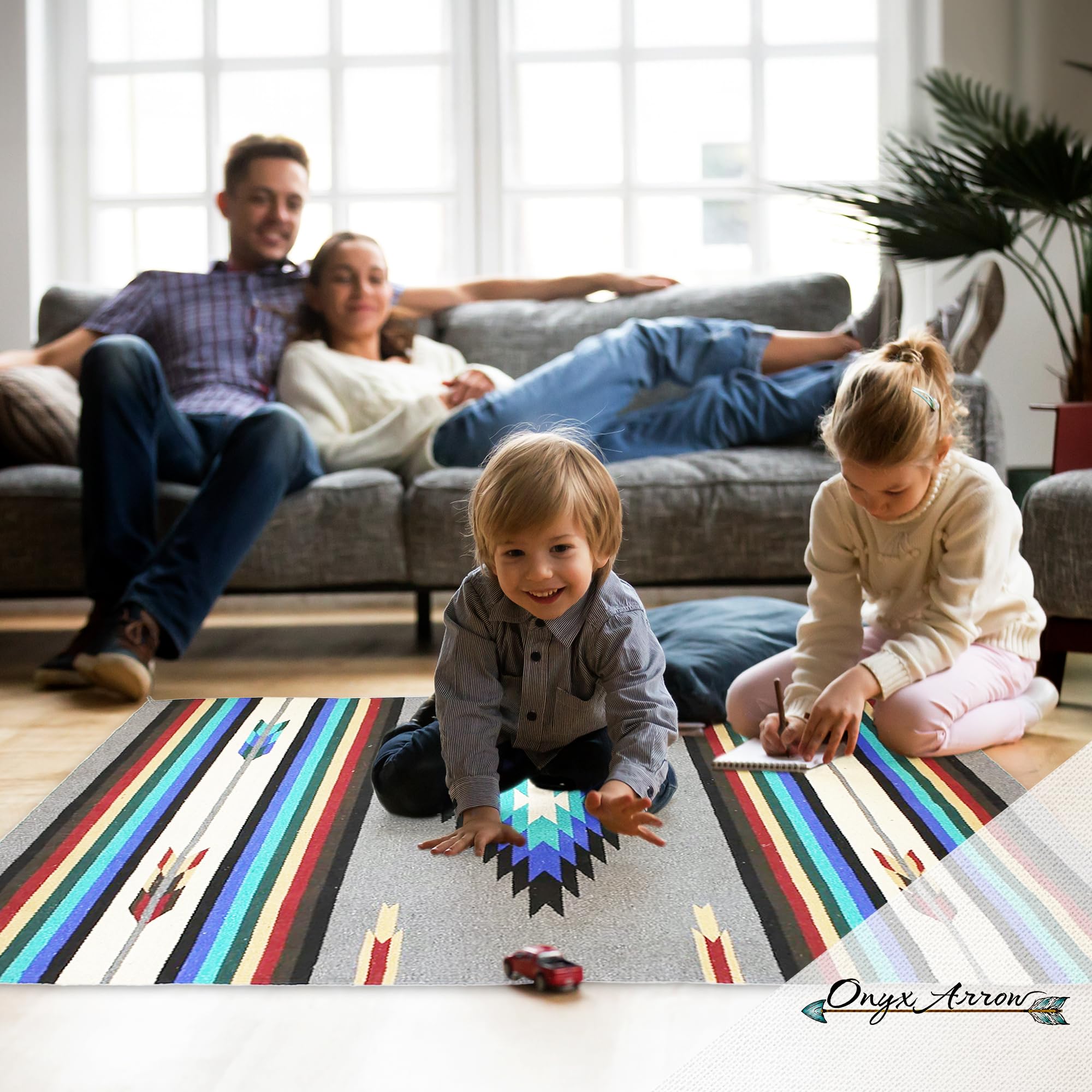 Southwest Boho Washable Area Rug - Indoor/Outdoor Farmhouse Decor Rug - Western Style for Living Room, Dining Room, Bedroom - Center Diamond Pattern in Gray, Black & Blue - 4x6 Feet - Perfect for Home, Patio & Office Decor