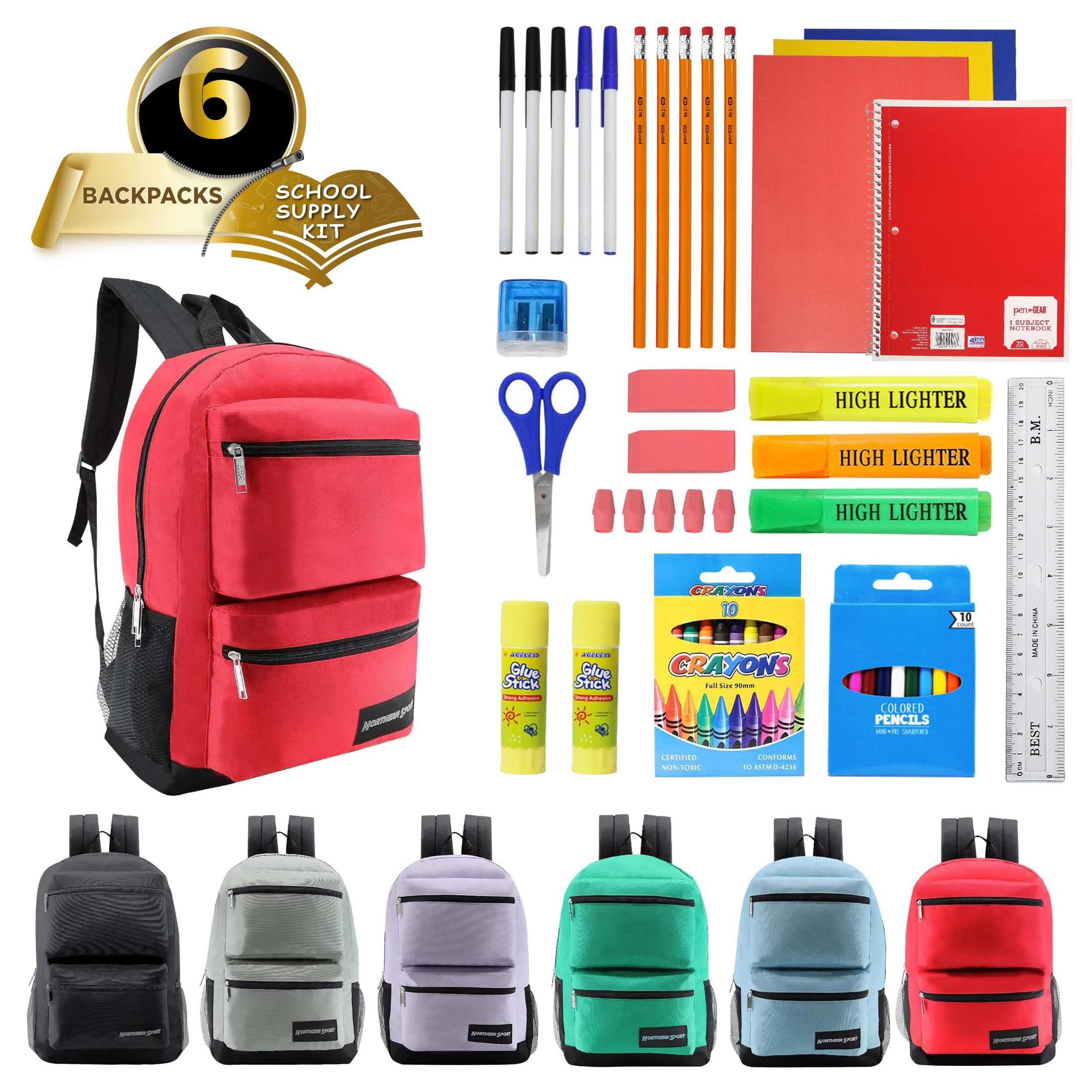 6-Pack 17 Inch Backpacks with 50 Piece School Supplies Set - Includes Pens, Pencils, Crayons | Bulk Back to School Bundle for Elementary, Middle & High School Students | 6 Colorful Styles | Perfect for Classroom, Study & Daily Use
