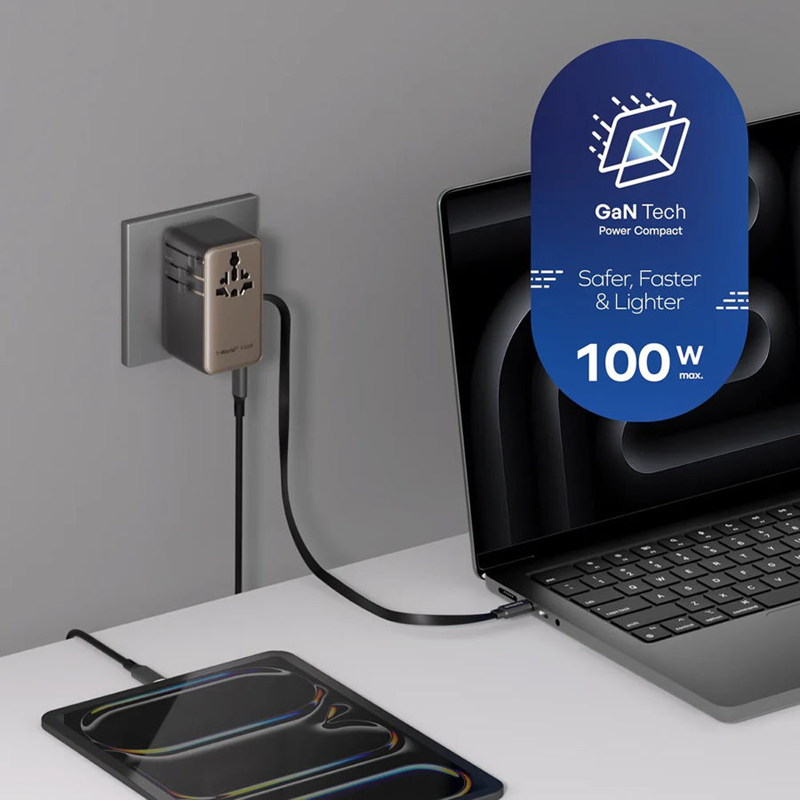 MOMAX 1 World2+ 100W Universal Travel Adapter Titanium - Fast Charging for Laptop, Phone & Devices - Perfect for Business Trips & International Travel