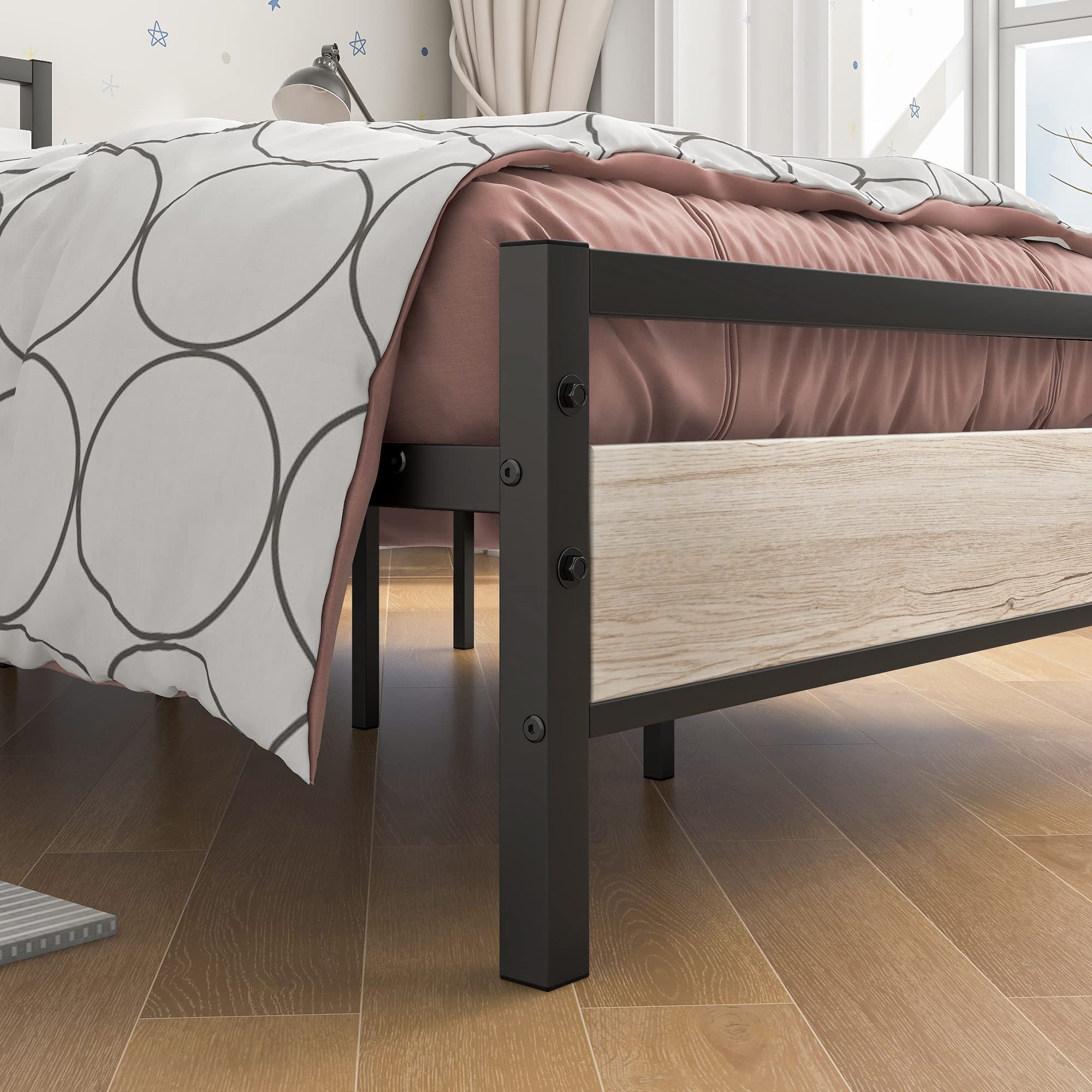 BOFENG Twin Bed Frame with Wood Headboard - Heavy Duty Metal Platform Bed with Steel Slat Support, No Box Spring Needed - Farmhouse Style Bed Frame in Natural Oak - Perfect for Guest Rooms, Dormitories & Small Spaces
