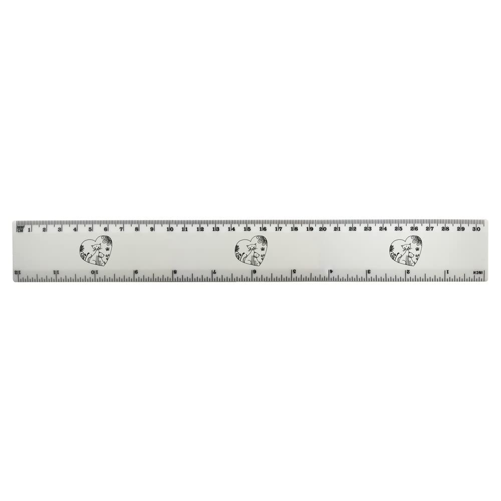 Azeeda 12 Inch White Plastic Ruler with Cat & Kitten Heart Design - Perfect for School, Office, and Craft Projects (RL00065890)