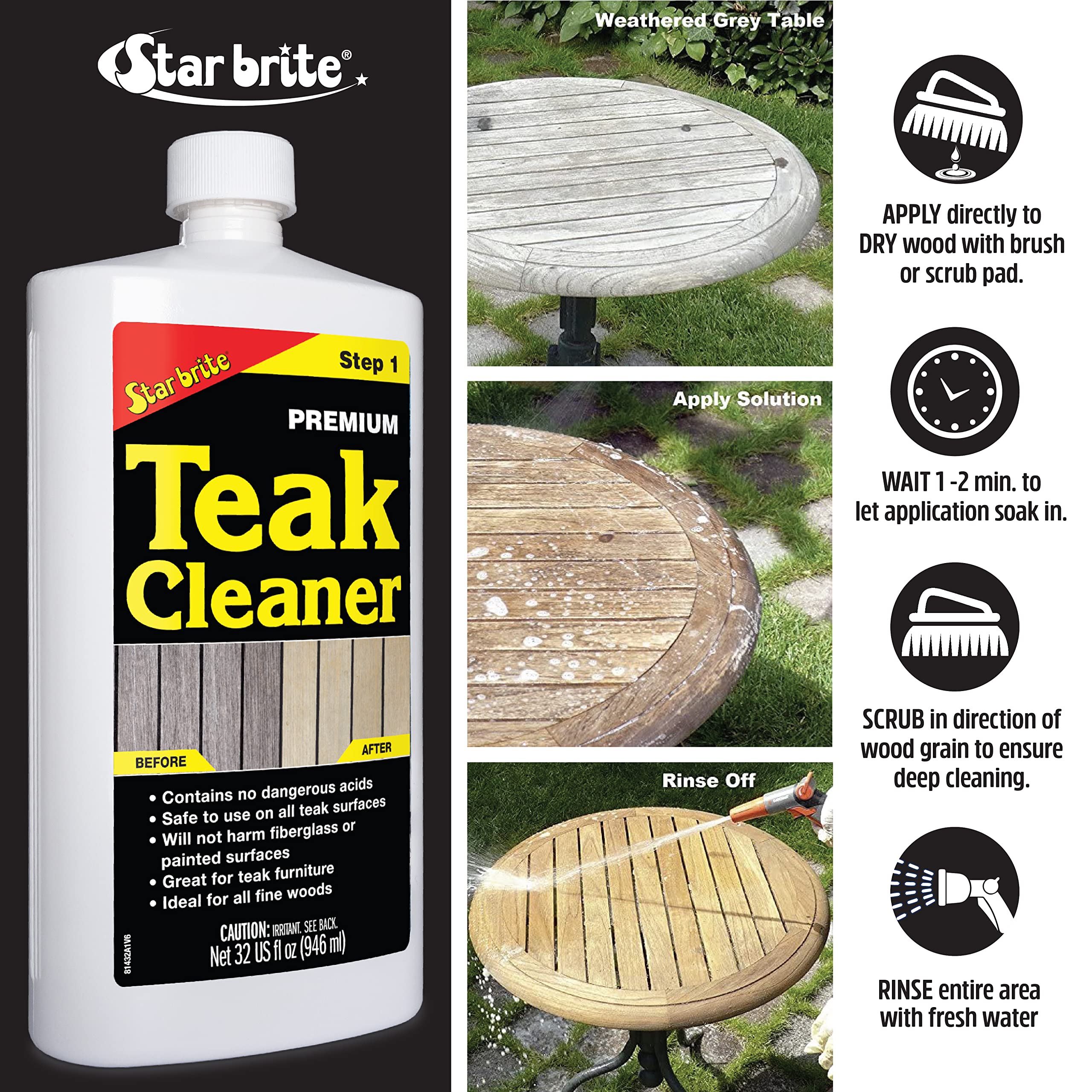 Premium Outdoor Teak Cleaner & Restorer - Renew Weathered Gray Teak & Fine Woods - No Sanding Needed - Teak Oil & Sealer Compatible - 32 oz (081432) - Perfect for Outdoor Furniture, Decks & Boat Teak Maintenance